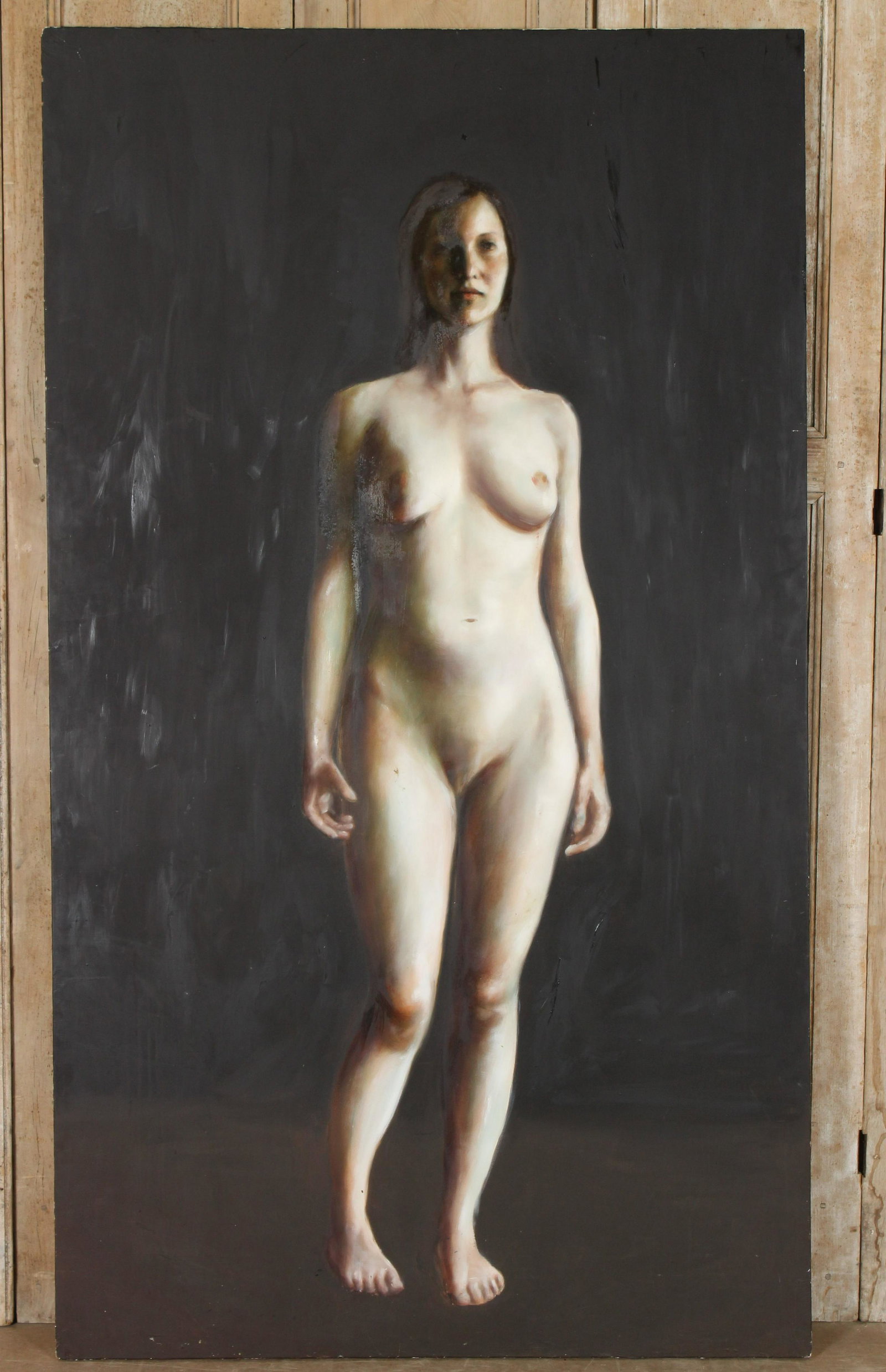 Andrea Devetak Photo-Realistic Nude Portrait: Andrea Devetak Photo-Realistic Nude Portrait Painting, (English/American, B. 1981) life size. Size: 84.5" H x 48" W x 2" D