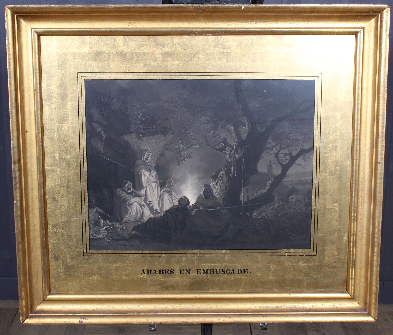 After Henri FÃ©lix Emmanuel Philippoteaux: Arabes en Embuscade Engraving, depicting Arabs in Ambush. Size: frame 32" H x 36.5" W, sight 17" H x 22.5" W. (NHJ21)