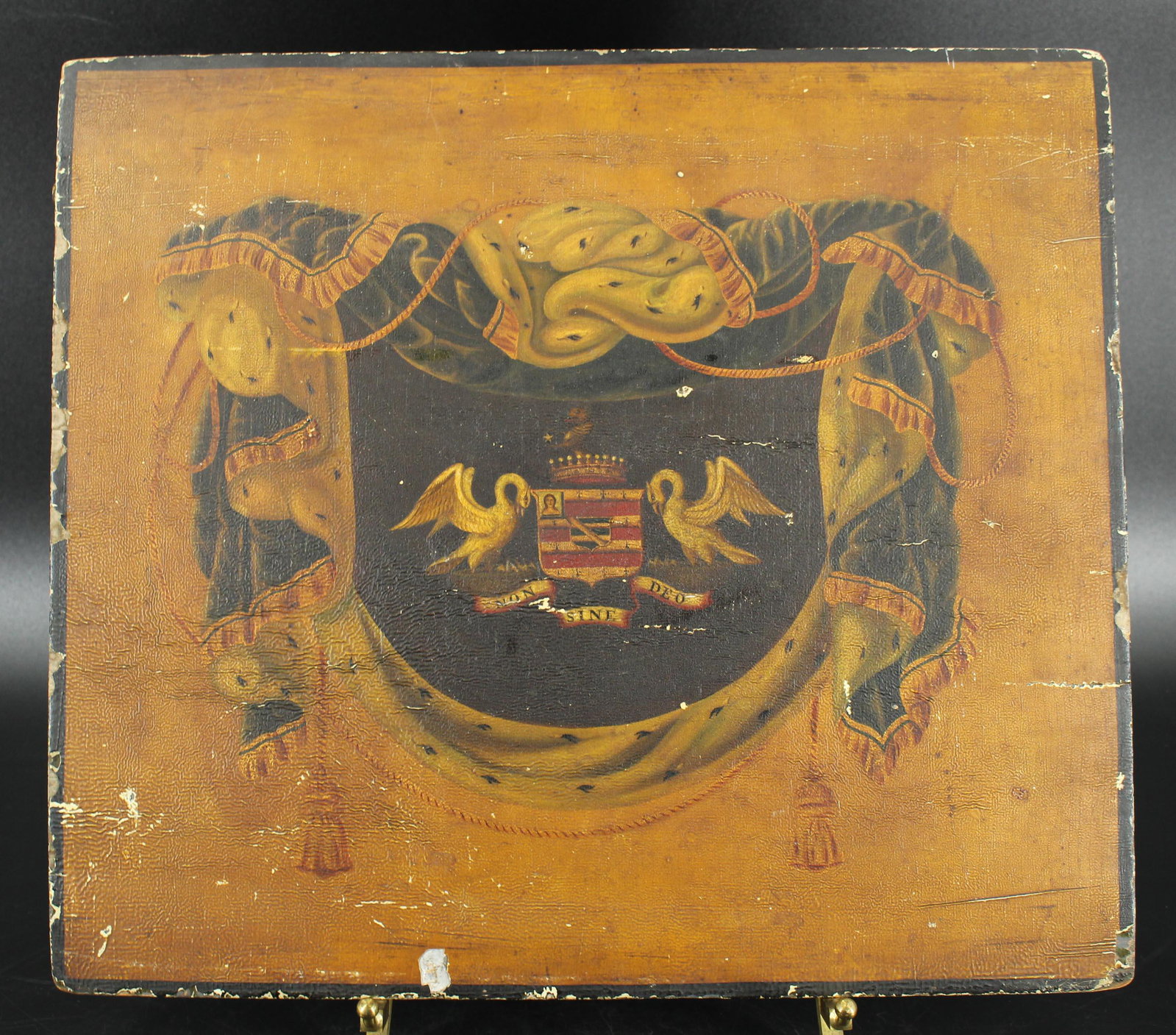 Antique Armorial Heraldry Shingle: Antique Armorial Heraldry Shingle, coat of arms depicting wolf holding a star coming out of a crown, above a shield with the motto "Non Sine Deo", flanked by two swans. Size: 13.75" x 15.75" (NHJ360)