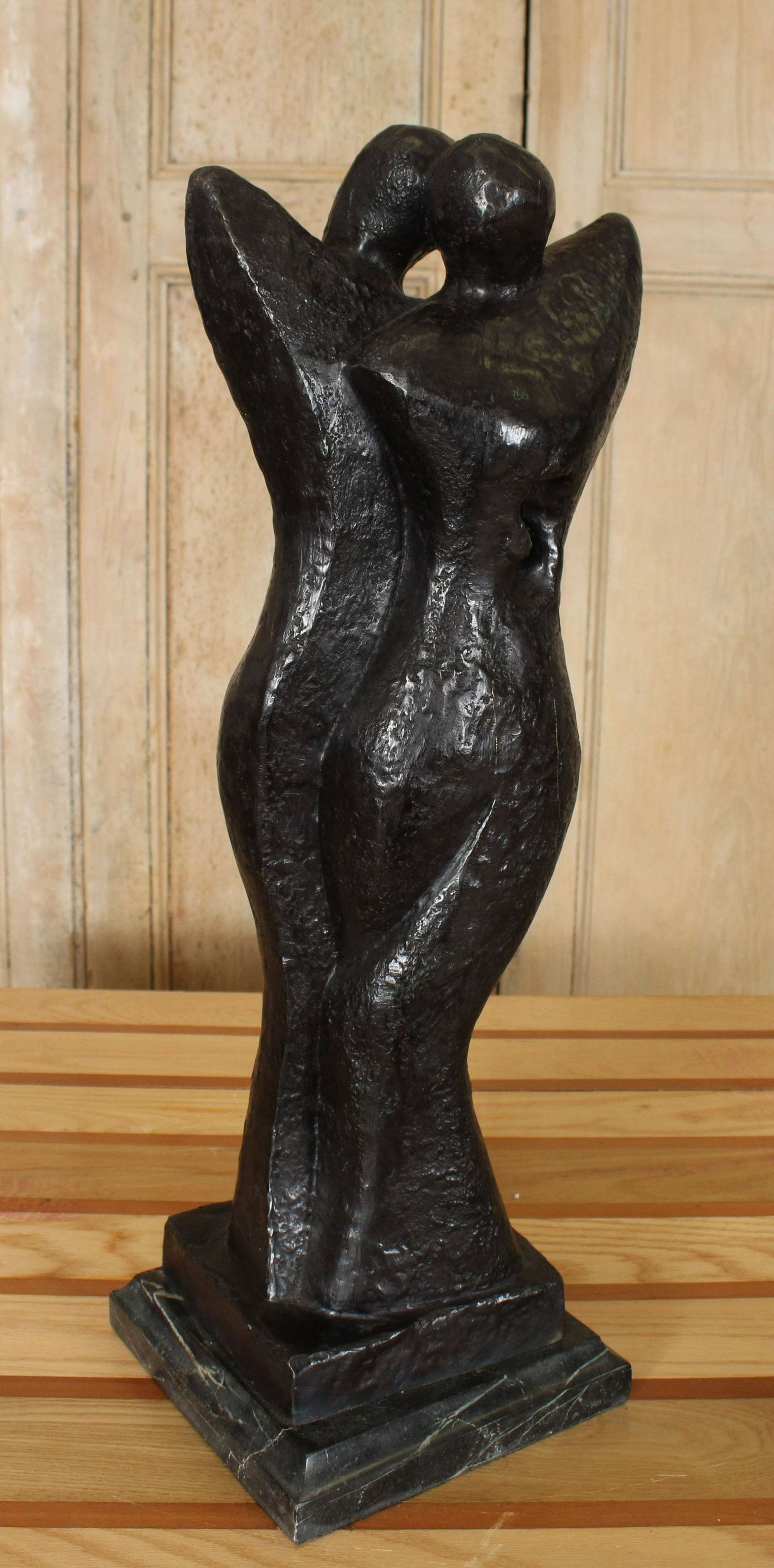 Modern Bronze Embracing Double Figural Sculpture: Modern Bronze Embracing Double Figural Sculpture, on marble base. 24.75" H x 8.75" W x 8" D
