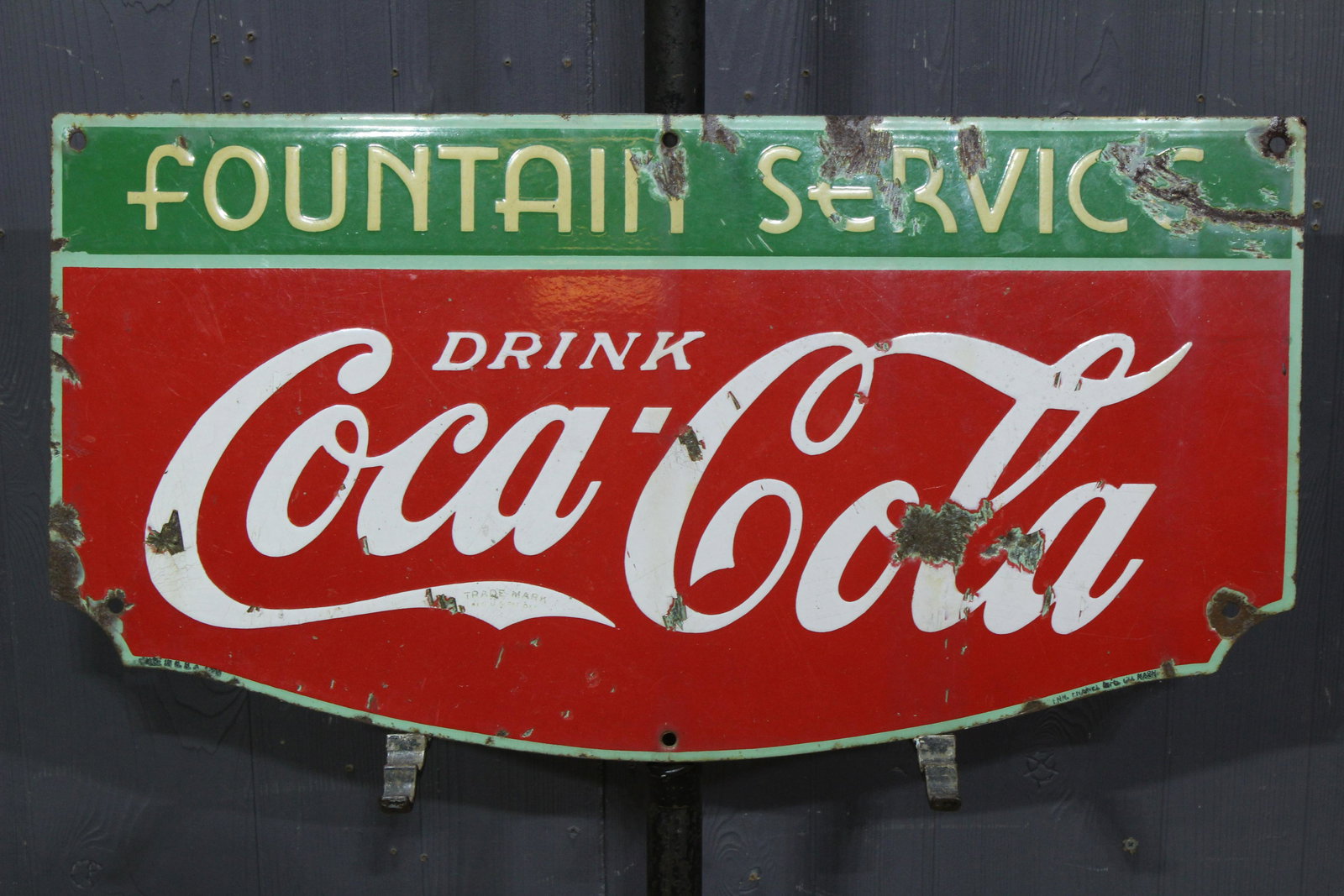 Coca-Cola Fountain Service Porcelain on Iron Sign: Coca-Cola Fountain Service Porcelain on Iron Sign, one sided, marked Made in USA 1933, Tenn. Enamel Mfg. Co. Nashville. Size: 14" H x 27" W.