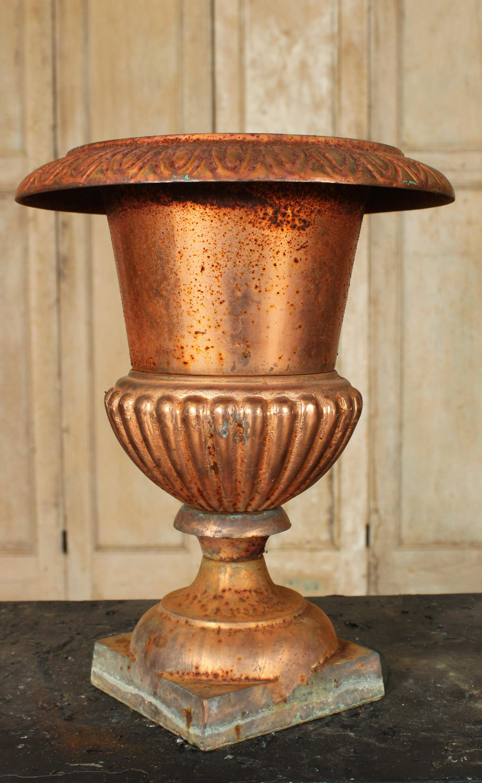 Copper Tone Cast Iron Campana Urn: Copper Tone Cast Iron Campana Urn. Size: 14.75" H x 12" Diameter