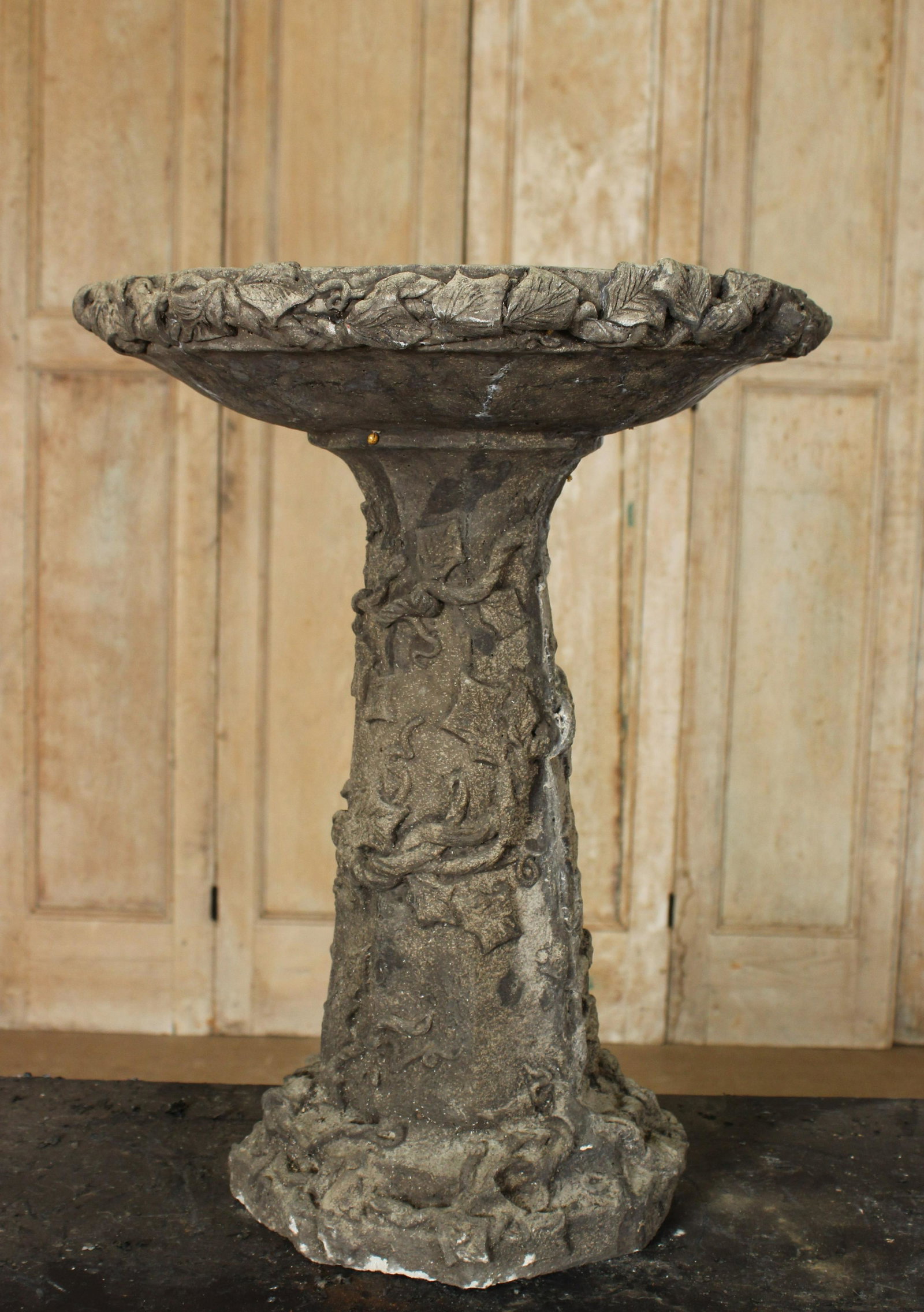 Concrete Vine Motif Garden Birdbath: Concrete Garden Birdbath, vine decoration. 21.5" H x 16.5" W x 16.5" D