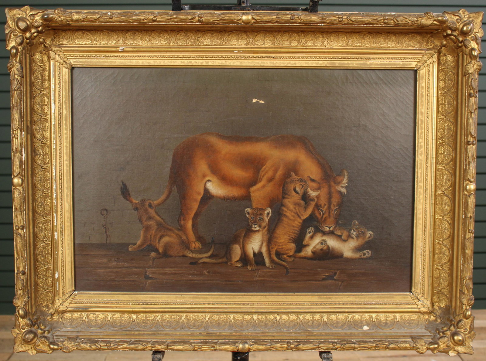 Allegorical Lioness and Cubs Painting: Lioness and Cubs Oil on Canvas, unsigned framed painting, with paper attached to verso "Lion Picture, Coburg, Germany, Heumann, Erharada (It) From Bavaria, Frederick the Great, Heumann, Karl, Bethesda