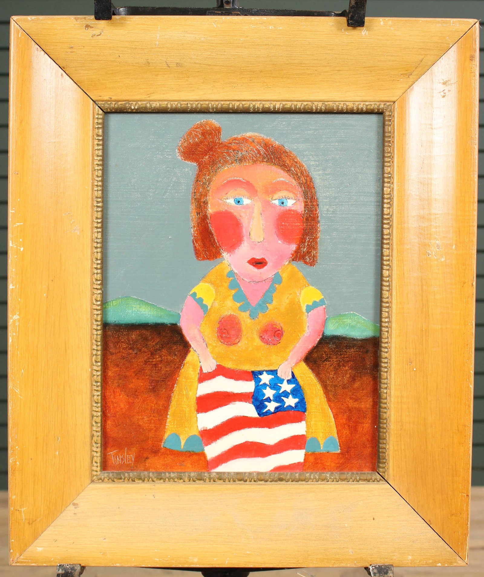 David Tinsley The Red, White and Blue Painting: David Tinsley The Red, White and Blue Painting, (American, B. 1951) oil on board, girl seated with flag, signed lower right Tinsley and titled on verso. Size: Sight: 13.25" H x 10.25" W, Frame: 20" H 