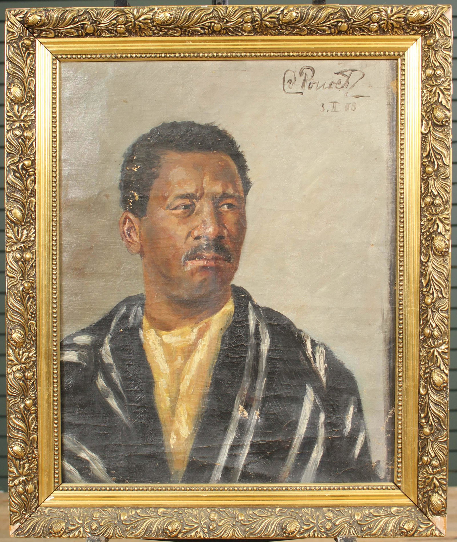 Early 20th C Continental Portrait Painting: Early 20th C Continental Portrait Painting. A seated Moroccan or Algerian gentlemen. Signed Poncet (?) Seemingly dated 1909. OOC Size: Frame: 24"H x 20"W Sight: 19.75"H x 15.5"W