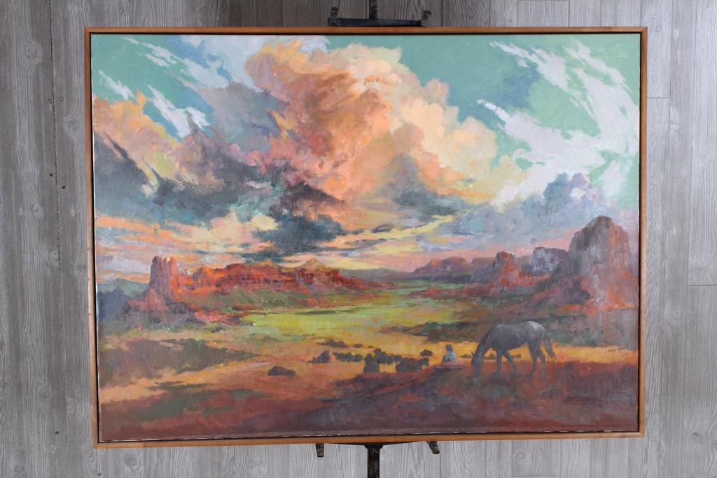 Western Canyon Painting Attributed to Bunnelle: Painting Attributed to Charles Bunnelle. OOC. Size: Frame: 41" H x 55.25" W, Sight: 40" H x 54" W.