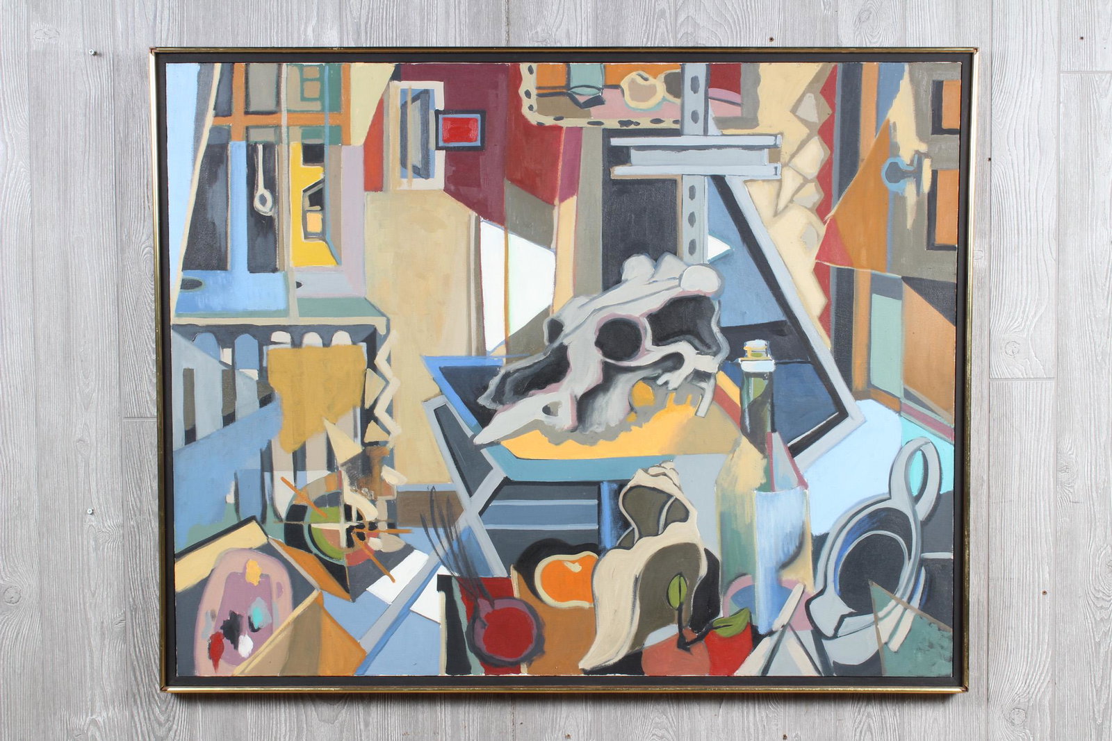 Surrealist Cityscape: Contemporary Surrealist Style Still Life. OOC Unknown Artist. Size: Framed: 38" H x 48" W x 1.5" D; Sight: 36" H x 46" W