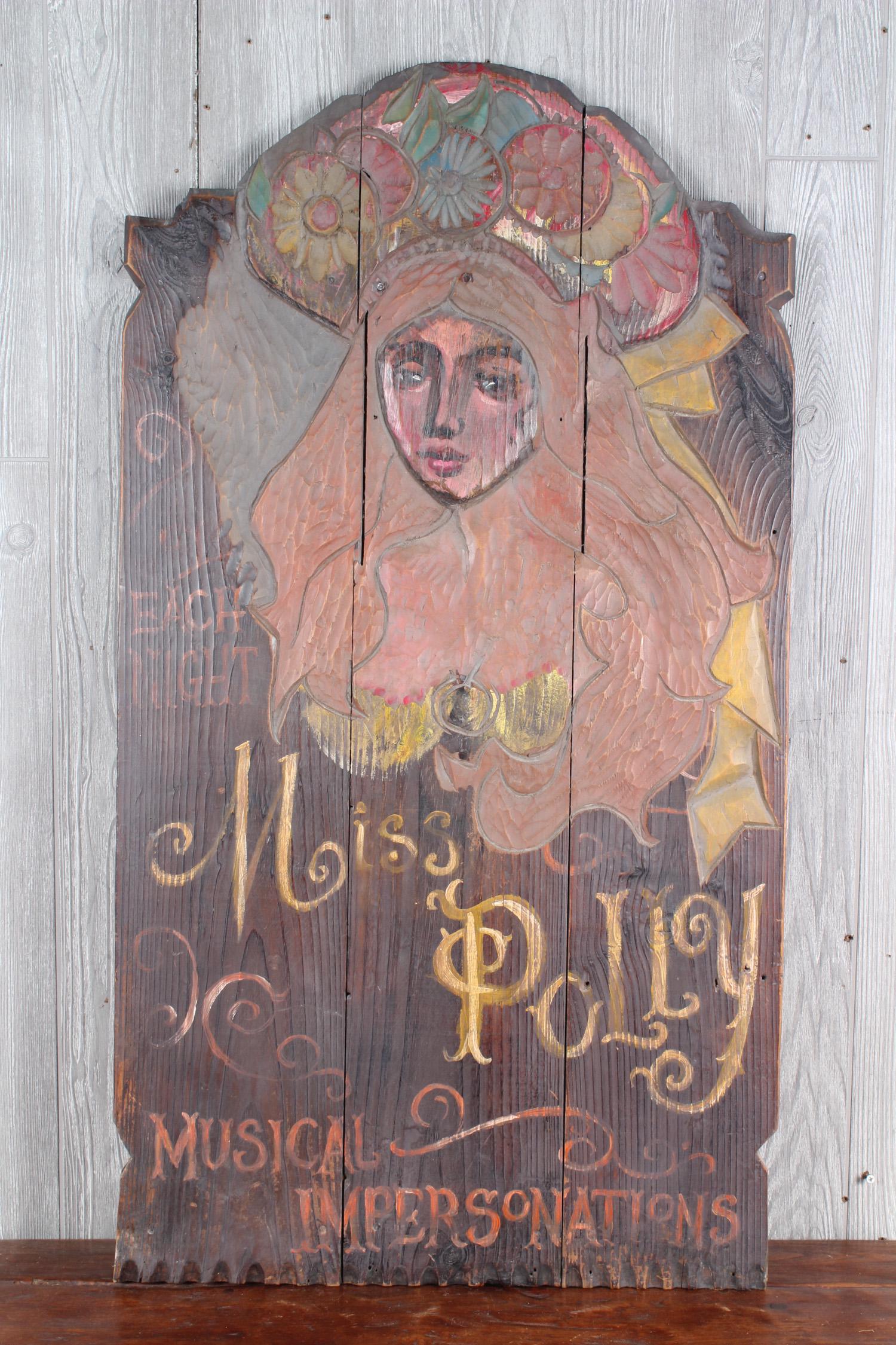 Alfred Czerepak (Mass. 20th C) Miss Polly Pub Sign: Alfred Czerepak (Mass. 20th C) Miss Polly Sign. Painted and carved reclaimed wood. Unsigned: 41" H x 22.5" W x 1.5" D