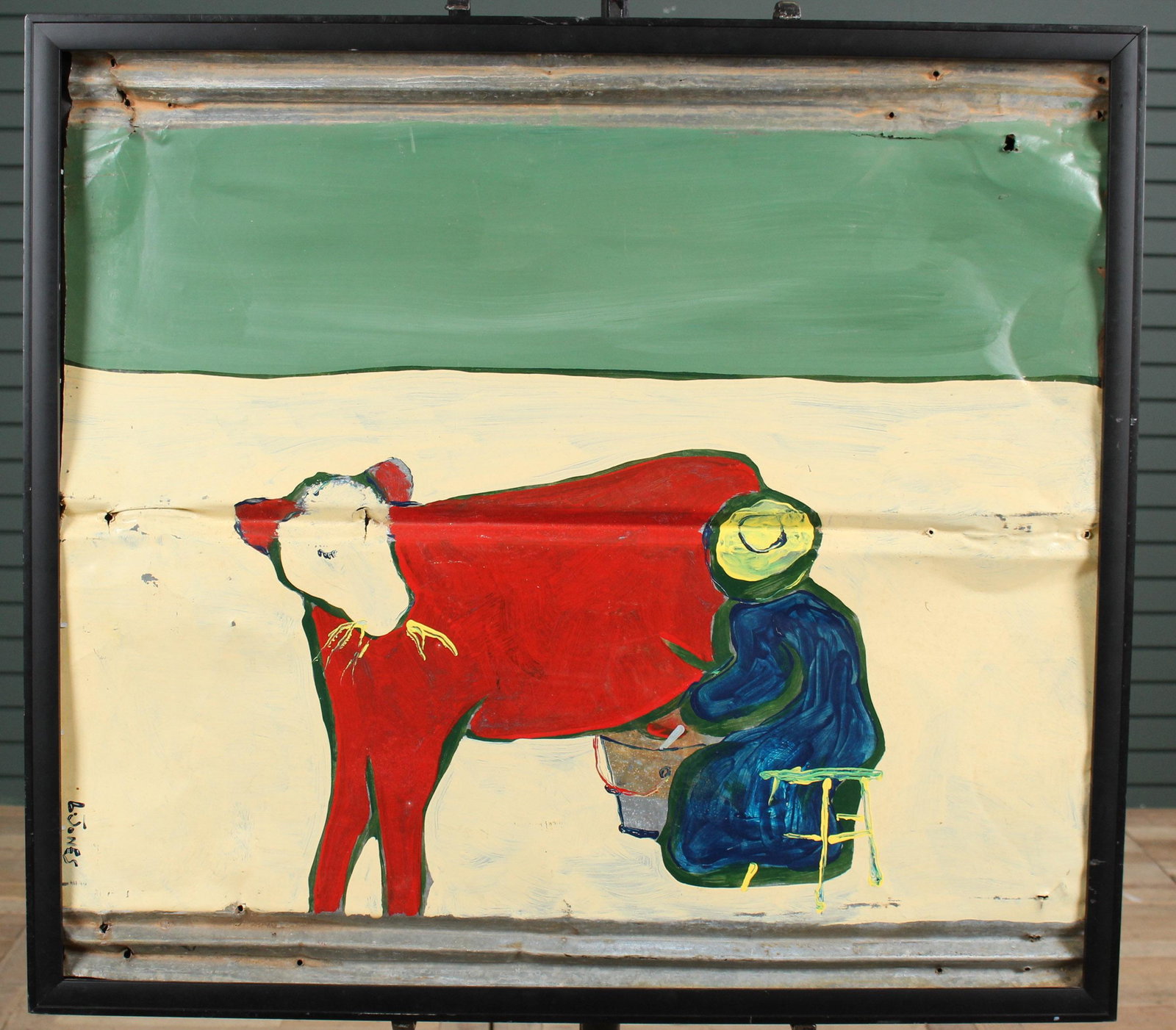 Leonard Jones Oil on Tin Milking the Cow: Leonard Jones Oil on Tin Milking the Cow, (American, B. 1955) figure milking a cow, signed L. Jones lower left, information on verso, Leonard Jones Georgia, O/Tin. Size: 27.75"H x 30.75"W