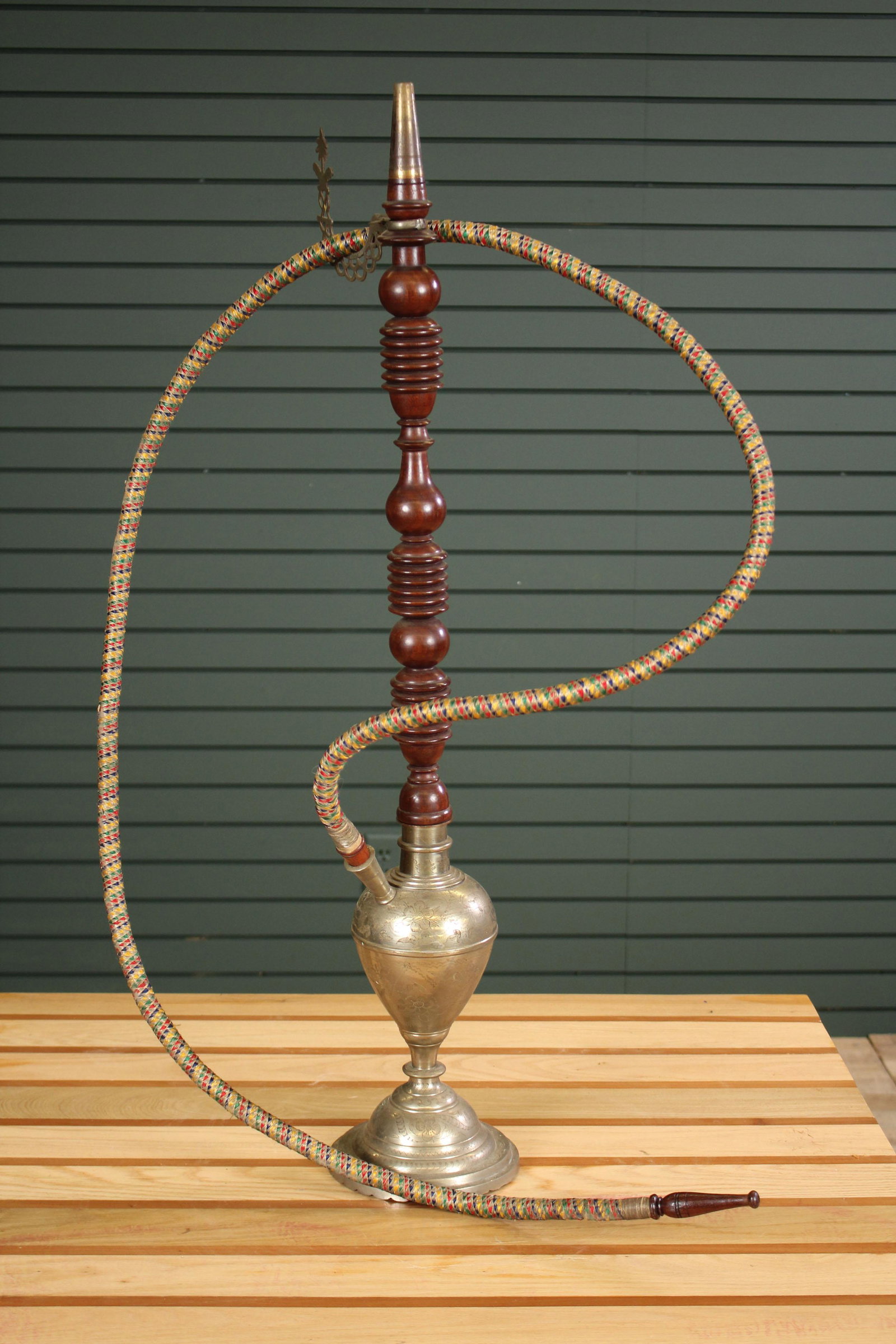 Silver Plated and Wood Hookah: Silver Plated and Wood Hookah, incised design on body, with hose. Size: 38"H x 6.75"W