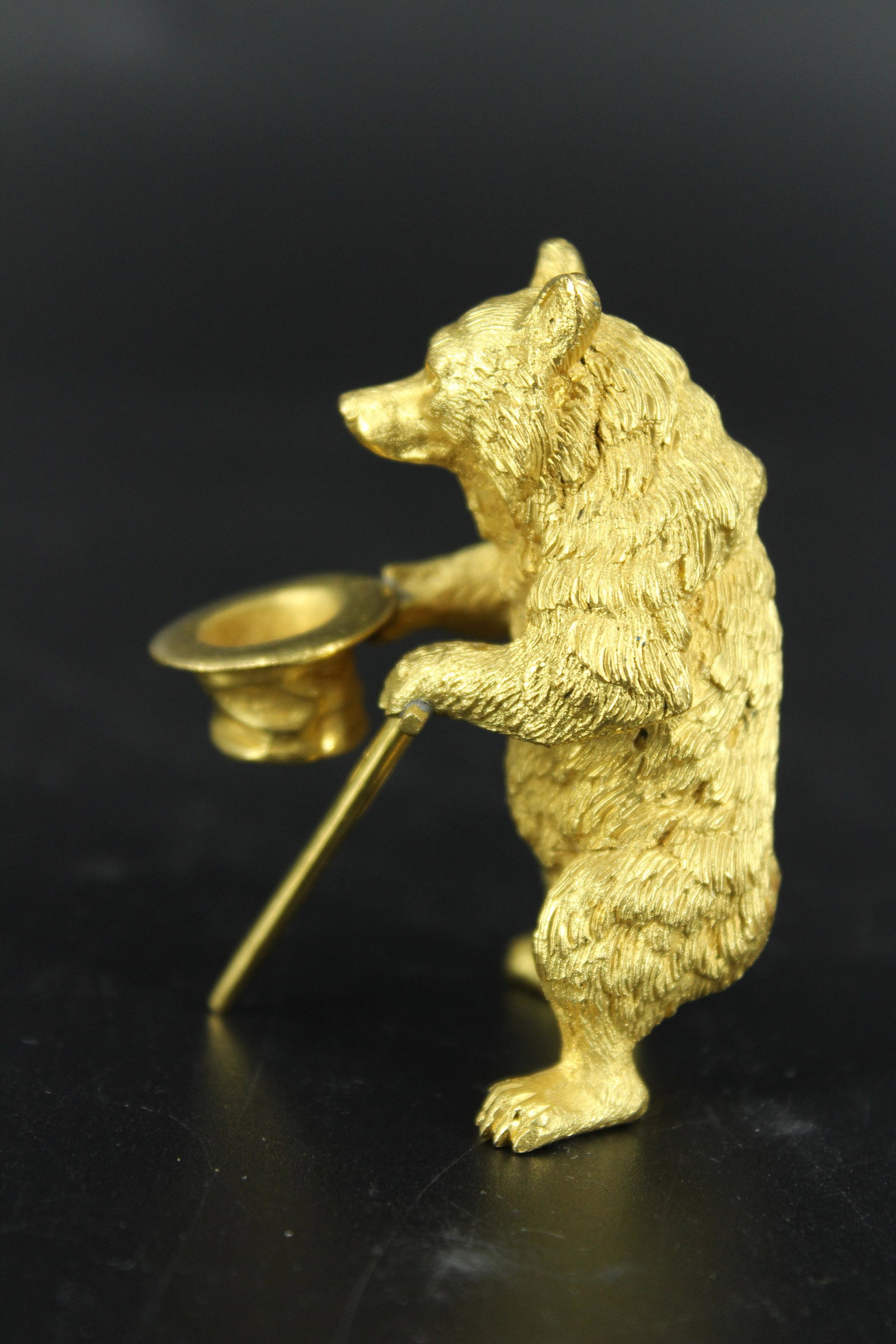 Russian Style Gilt Bronze Bear w Top Hat and Cane: Russian Style Gilt Bronze Bear with Top Hat and Cane. Size: 2.5" H x 1.5" W x 1.5" D.