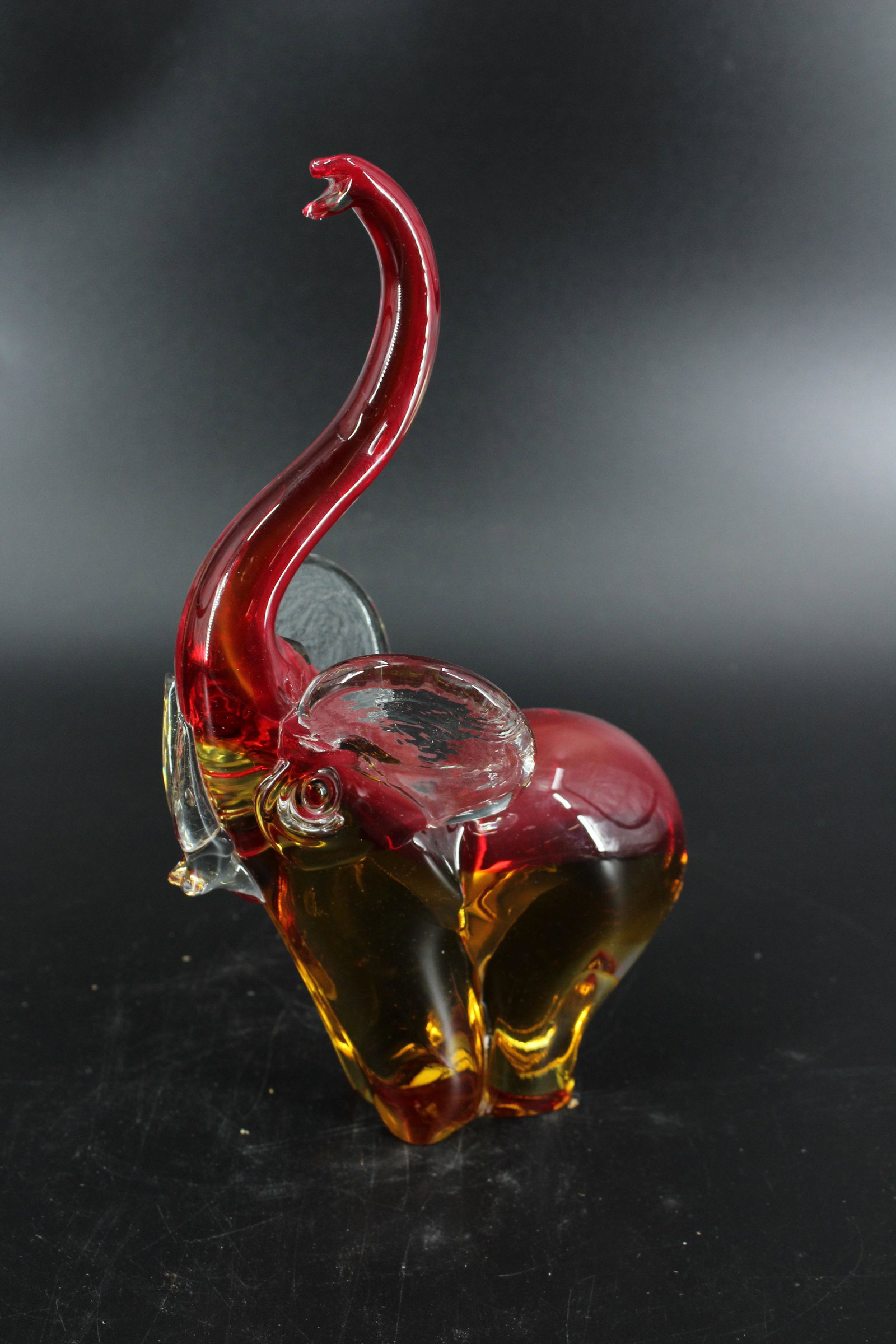 Murano Art Glass Elephant: Murano Art Glass Elephant, or Murano Style, no label. Size: 10.75"H x 4.25"W x 6.5"D