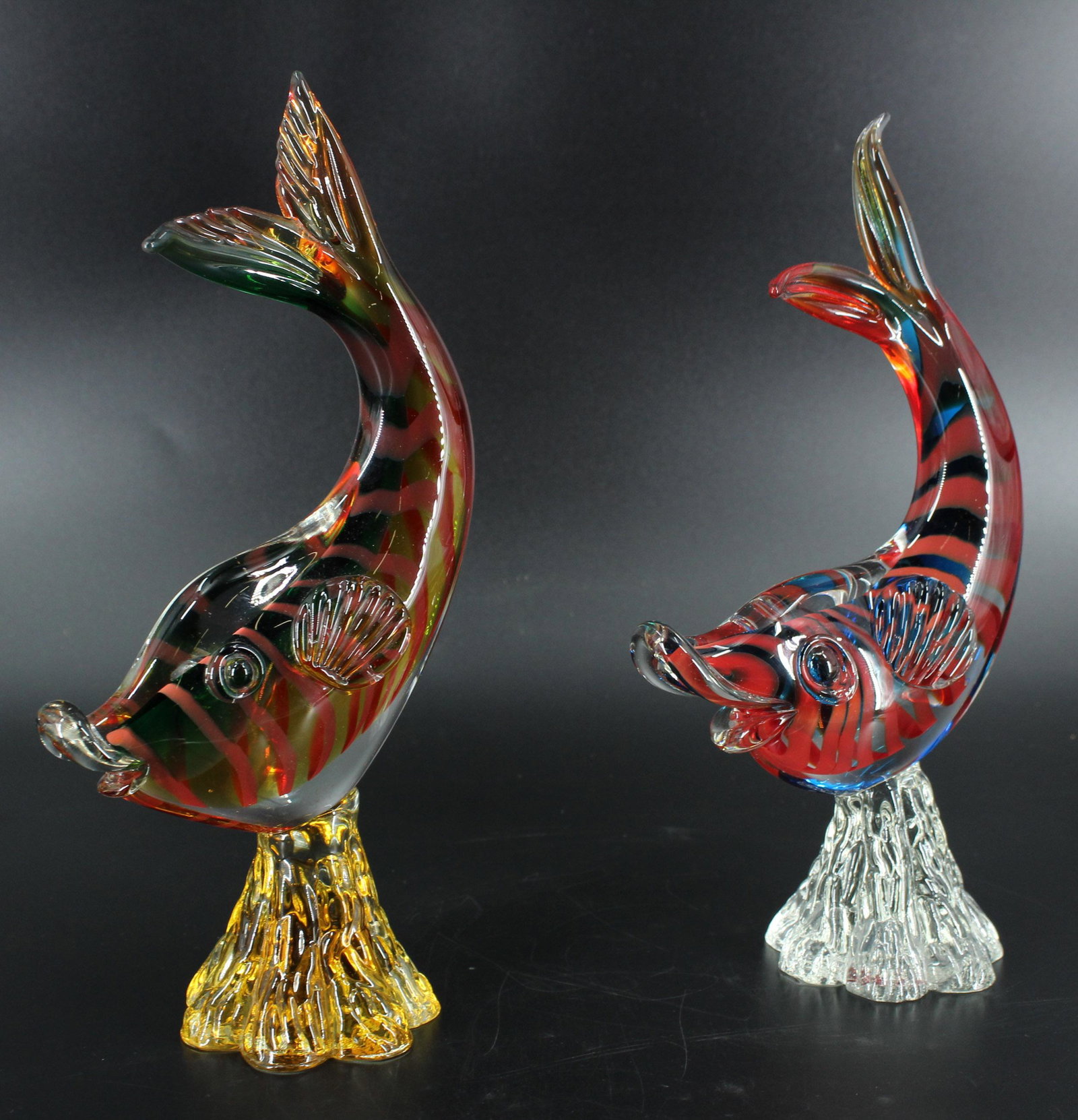2 Venetian Art Glass Fish Sculptures: 2 Venetian Art Glass Fish Sculptures, Murano or Murano style figurines. Size: 12.25"H x 6.25"W x 3.5"D
