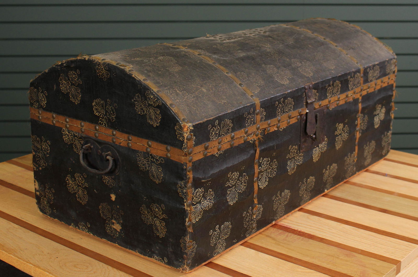 19th C. Decorated Canvas Dome Top Trunk with Nail: 19th C. Decorated Canvas Dome Top Trunk with Nail Head decoration, with interior letters and documents. Size: 12.5" H x 28" W x 14" D.