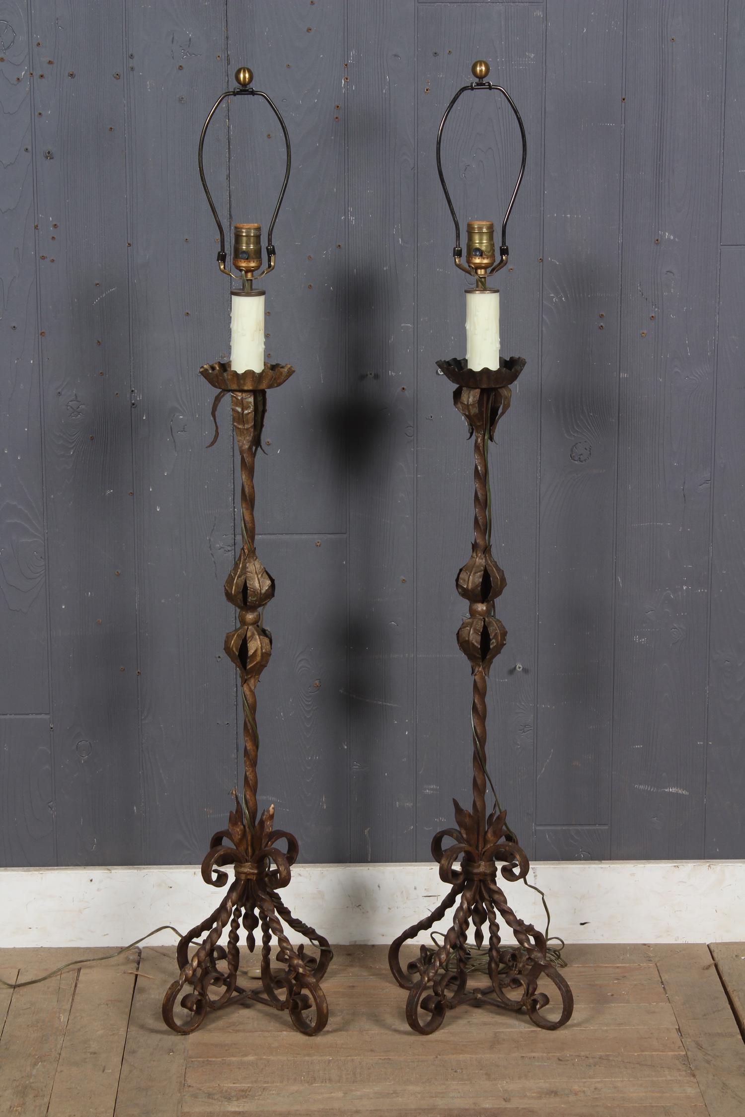 Pair Iron Pricket Lamps: Pair Iron Prickets Cum Lamps, twist form columns. Size: 46.5" H x 8" W x 8" D