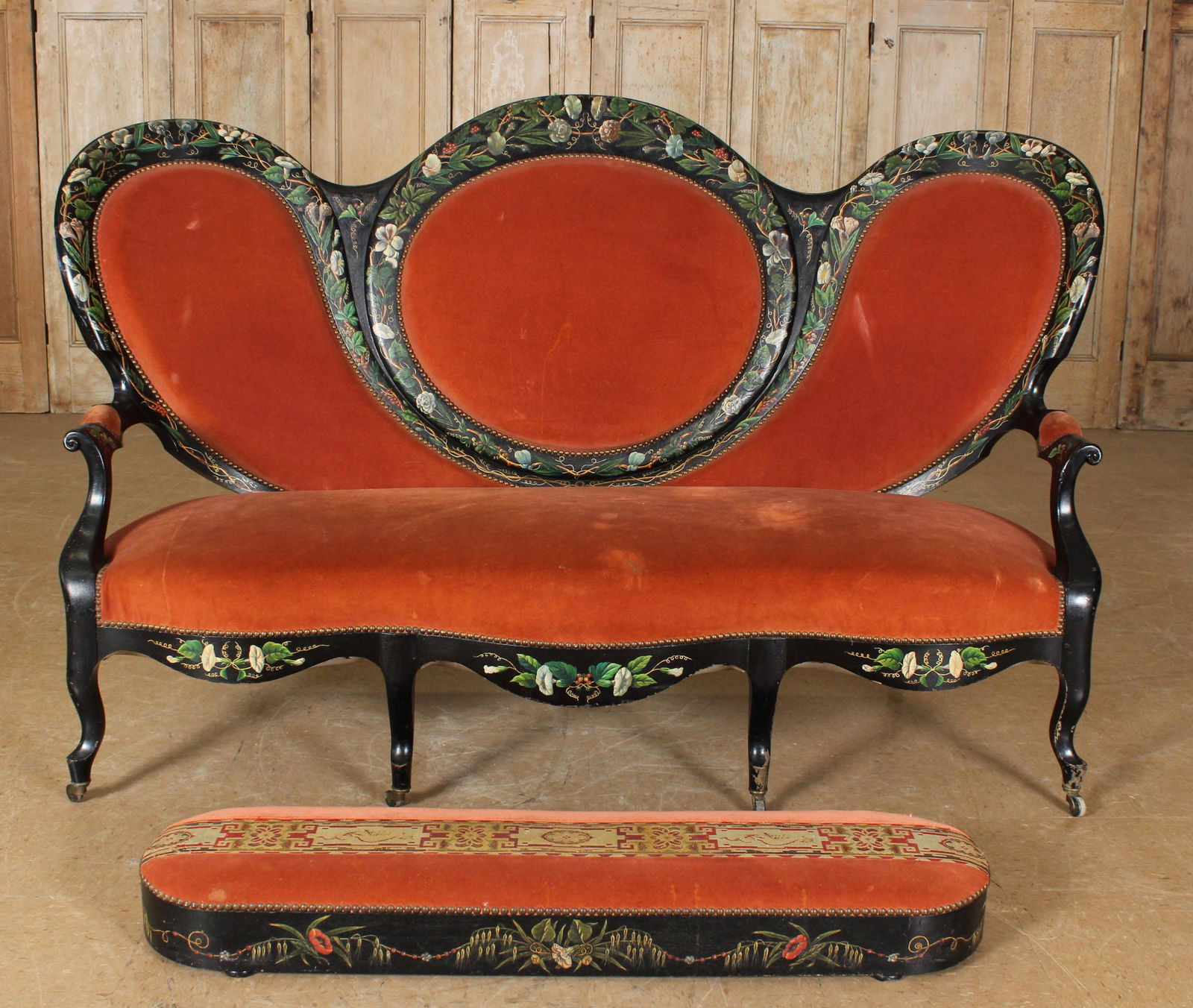Antique Victorian Parlor Settee with Footstool: Antique Victorian Parlor Settee with Footstool. Size: 44.25" H x 75.5" W x 37.25" D