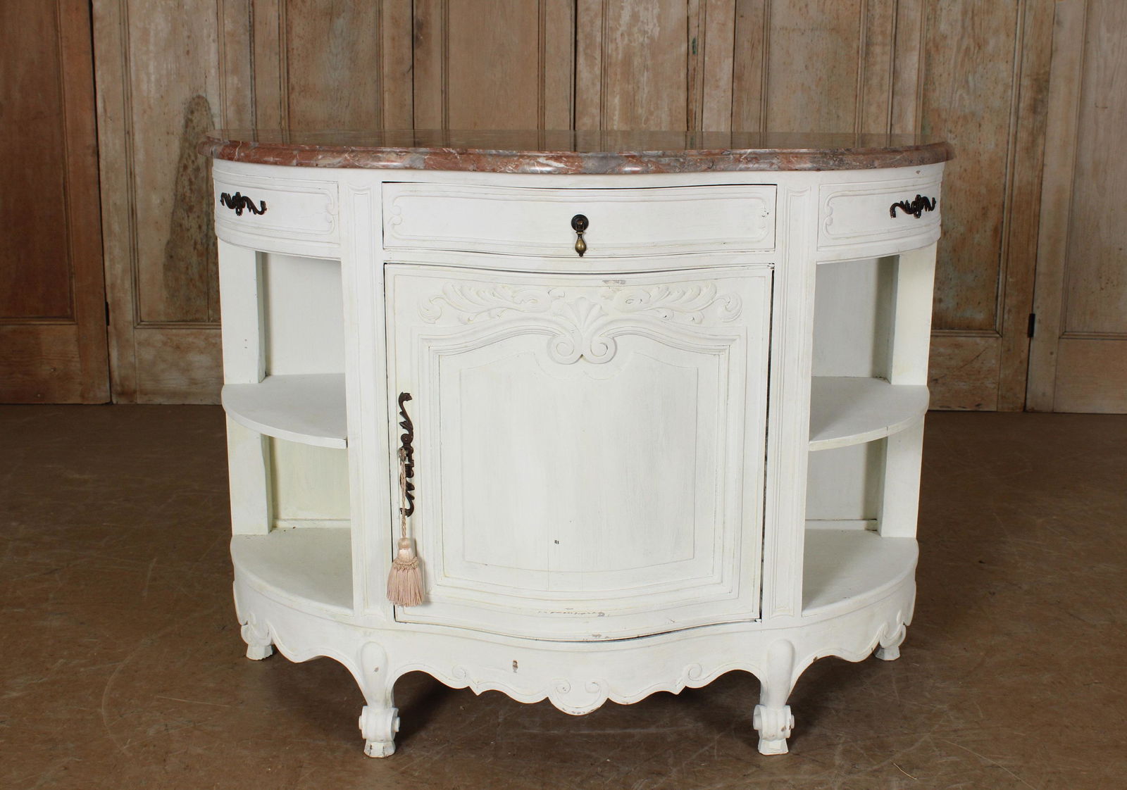 Painted French Provincial Style Open Server: Painted French Provincial Style Open Server. Serpentine marble top over single drawer and door. 39" H x 50.5" W x 22" D