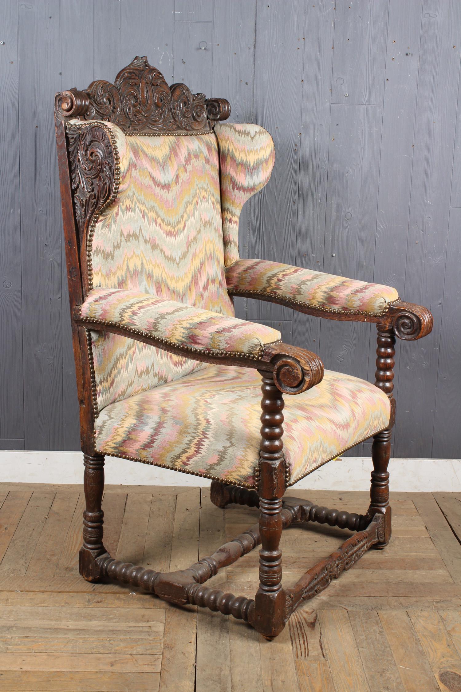 Renaissance Revival Style Throne Chair: Ikat Upholstered Throne Chair. Size: 53.5" H x 27.5" W x 29.5" D