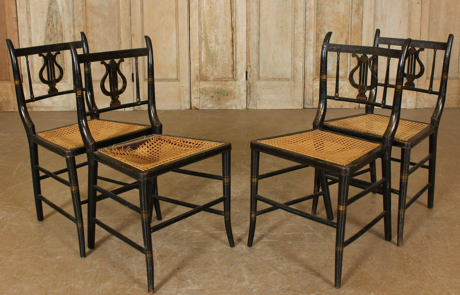 Four Painted Regency Lyreback Chairs: Four Painted Regency Lyreback Chairs. Size: 33" H x 17.75" W x 19" D