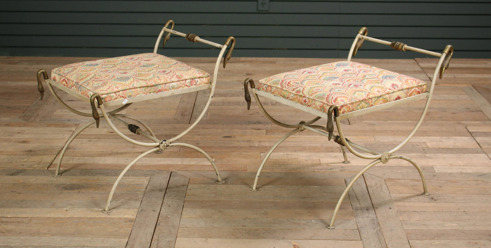 Pair of Empire Style Wrought Iron & Bronze Benches: Pair of Empire Style Wrought Iron & Bronze Benches each having swan neck decoration framing upholstered seats, all supported on curule base. Size: 22" H x 23" W x 18" D.