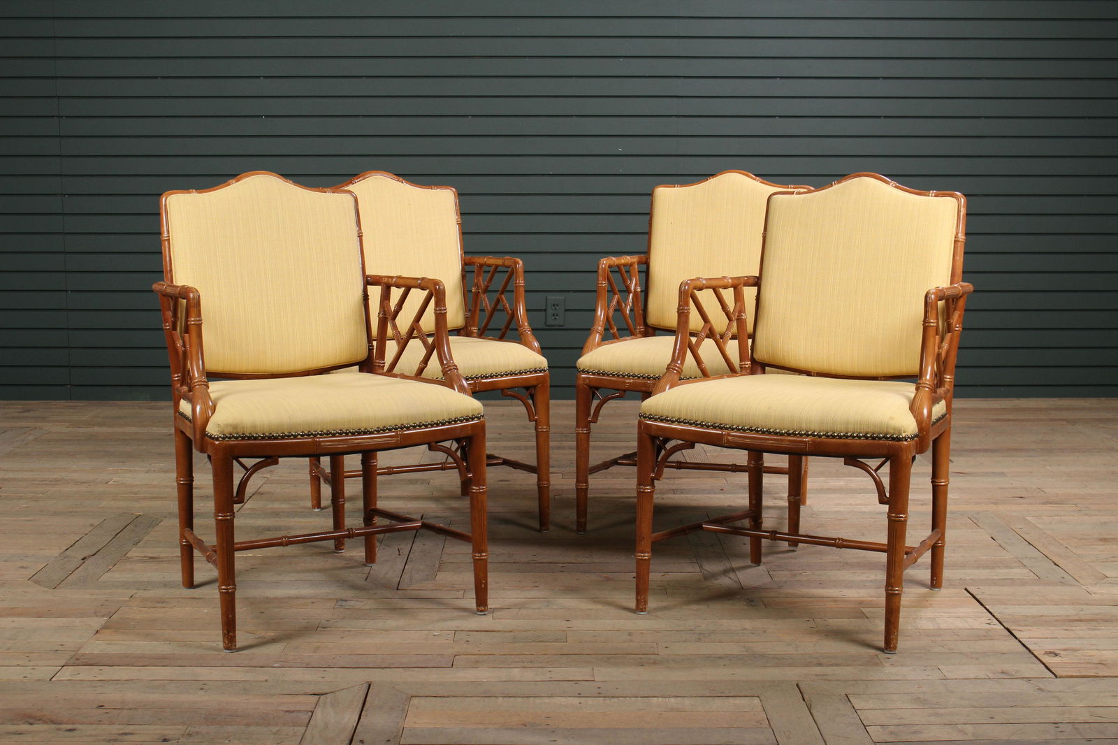 Lot of 4 Faux Bamboo Armchairs: Lot of 4 Faux Bamboo Armchairs with upholstered backs and seats. Size: 36" H x 22" W x 20" D.