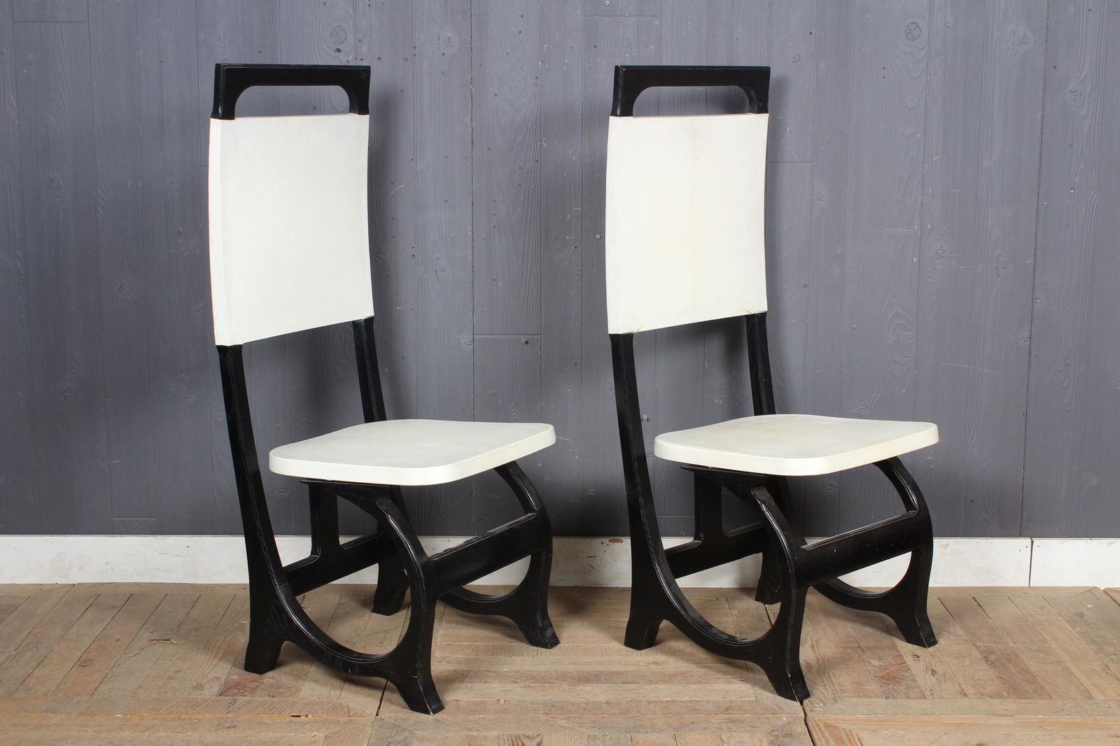 Carlo Bugatti Inspired Gutta-Percha Chairs: Carlo Bugatti Inspired Gutta-Percha Chairs. Size: 45.5" H x 18" W x 19.5" D