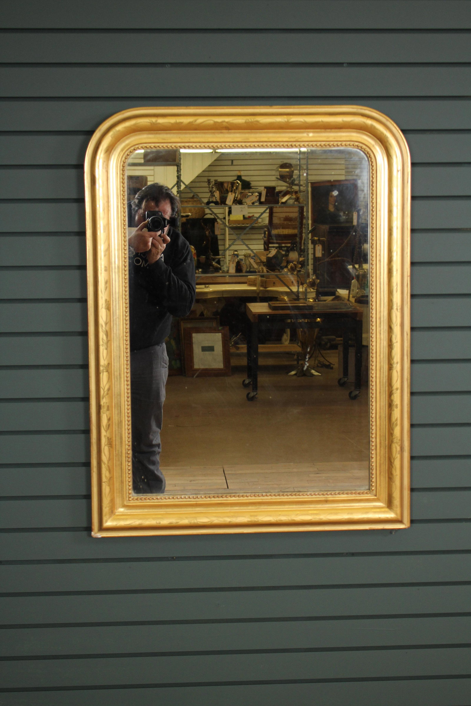 French 19th C. Louis Phillip Giltwood Mirror: French 19th C. Louis Phillip Gilt Wood Mirror with beaded decoration. Size: 39" H x 20" W.