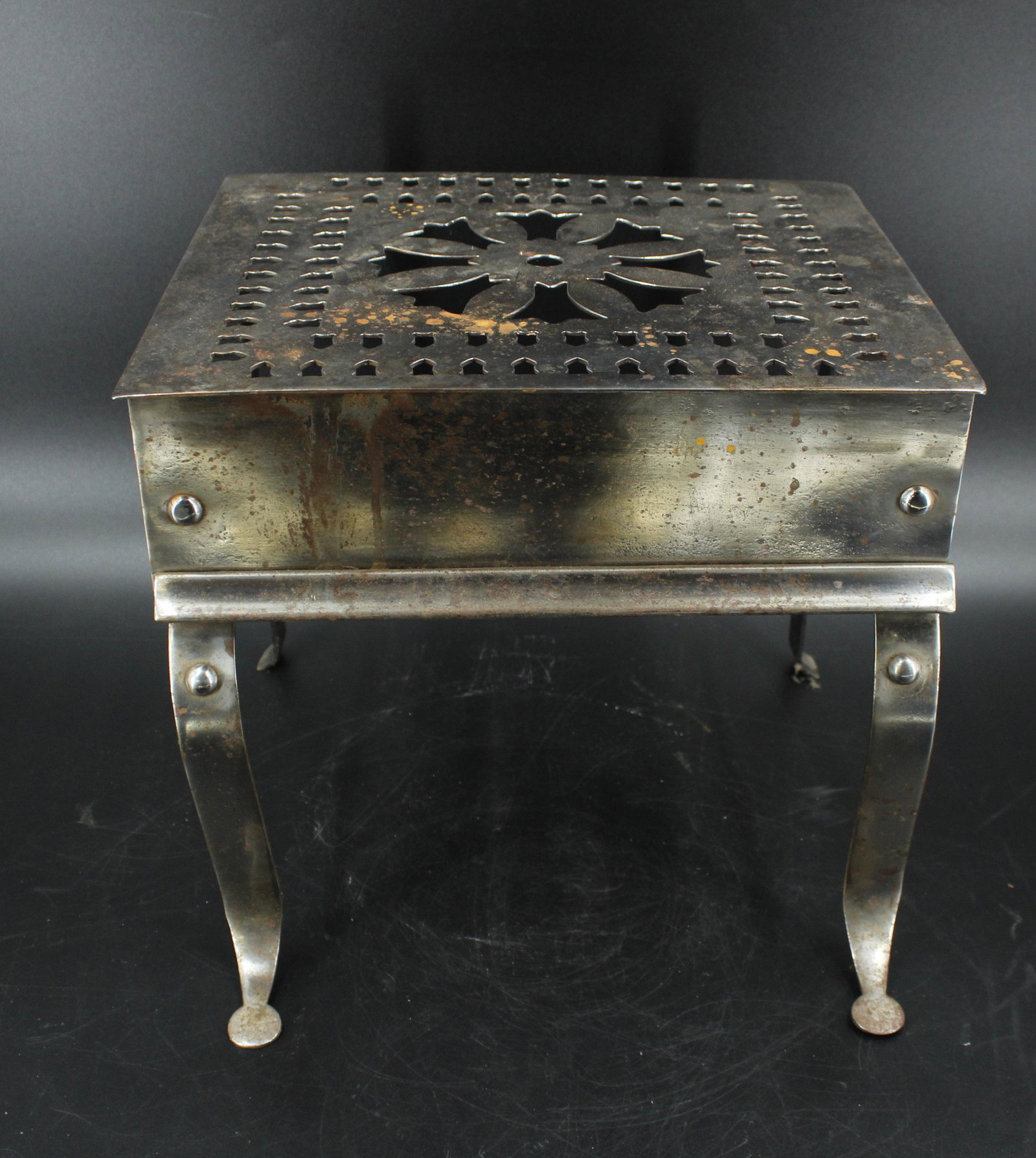 Antique Fireplace Footman: Antique Fireplace Footman, pierced top. Size: 12.25" H x 14" W x 14" D. (NHJ 388)