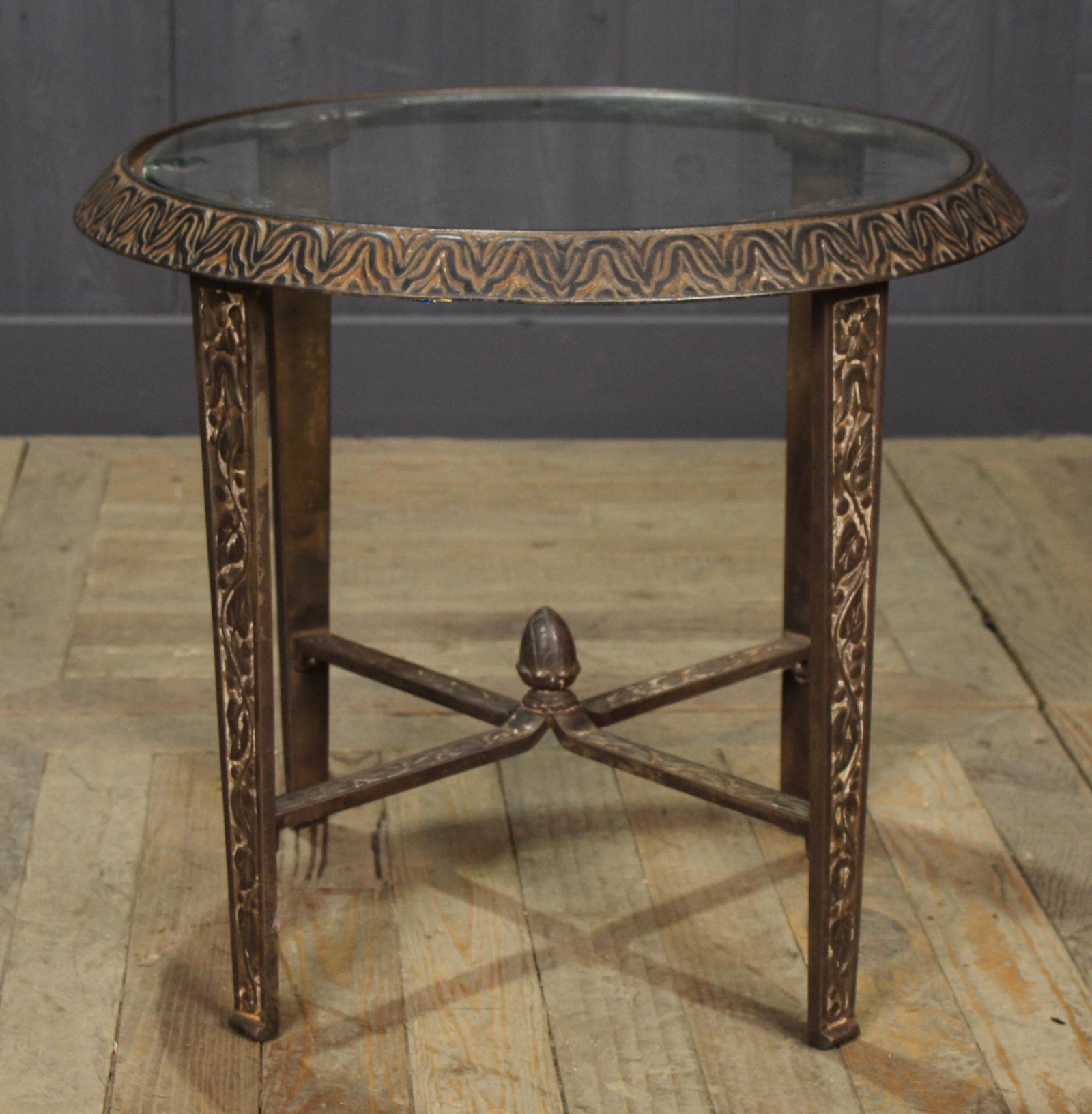 Art Deco Style Glass Top Cast Iron Table: Art Deco Style Glass Top Cast Iron Table. Size: 18" x 21.5" diameter