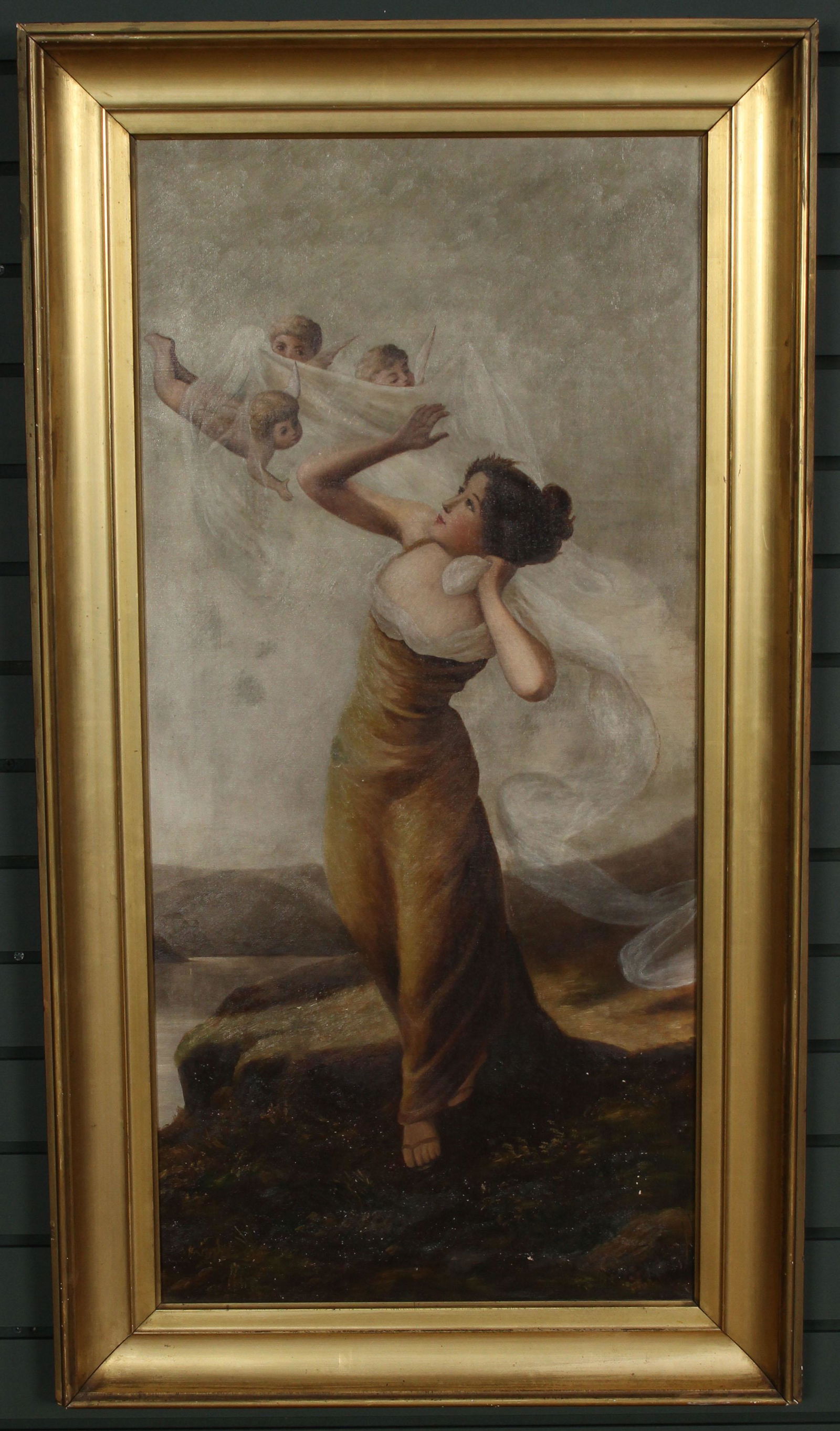 Georgian Revival Saloon Style Painting: Georgian Revival Saloon Style Painting of a woman with three cherubs, unsigned. Size: 42" x 23" frame, 35.5" x 16.5" sight.