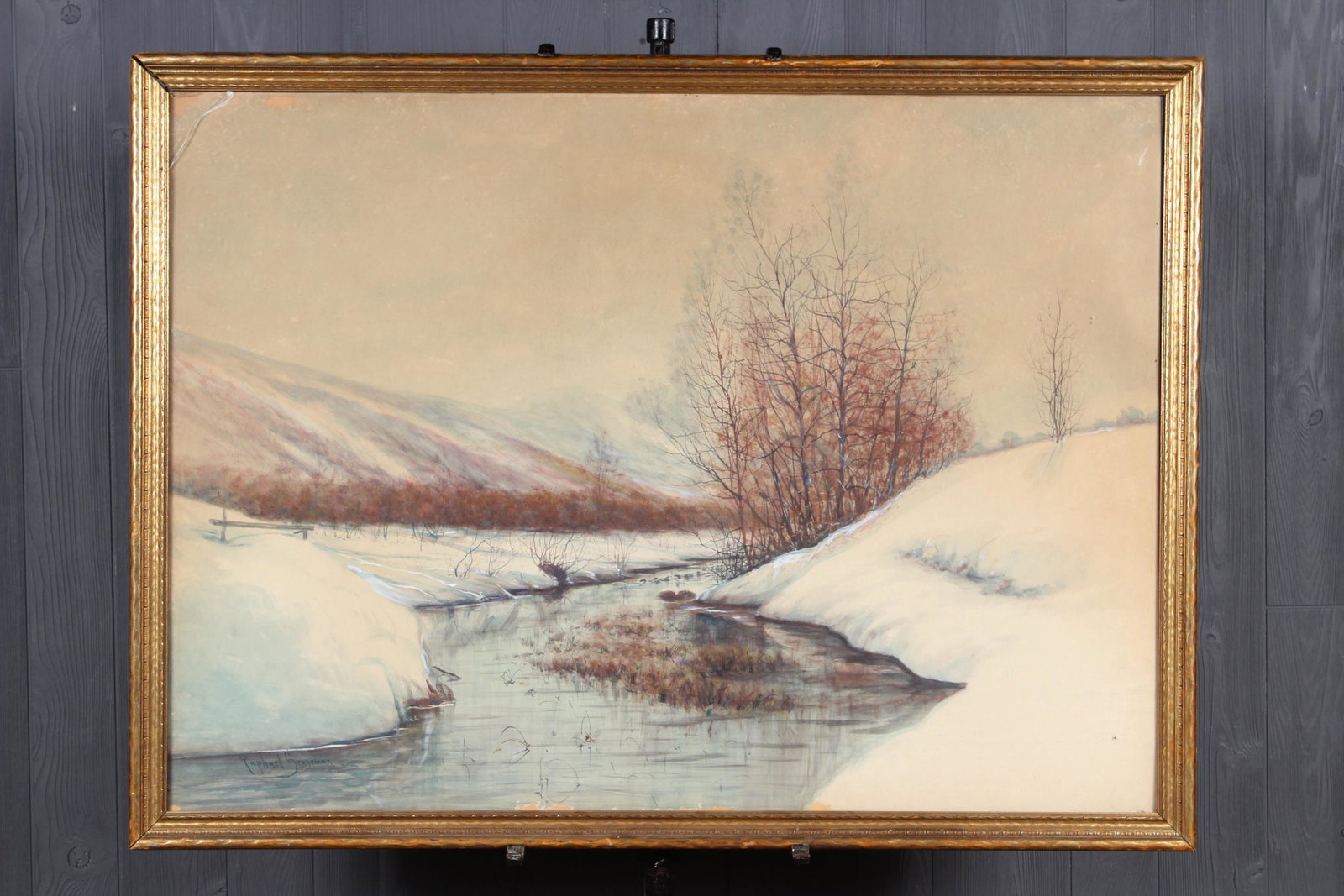 Raphael Senseman Snowy Landscape Watercolor: Raphael Senseman Snowy Landscape Watercolor. Size: Framed: 32" H x 42.5" W x 1" D; Sight: 29" H x 39.5" W