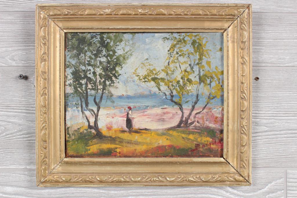 Pastoral Impressionist Painting: Pastoral Painting . Signed illegibly. Size: Frame: 11" H x 13" W x 0.5" D; Sight: 7.5" H x 9.5" W