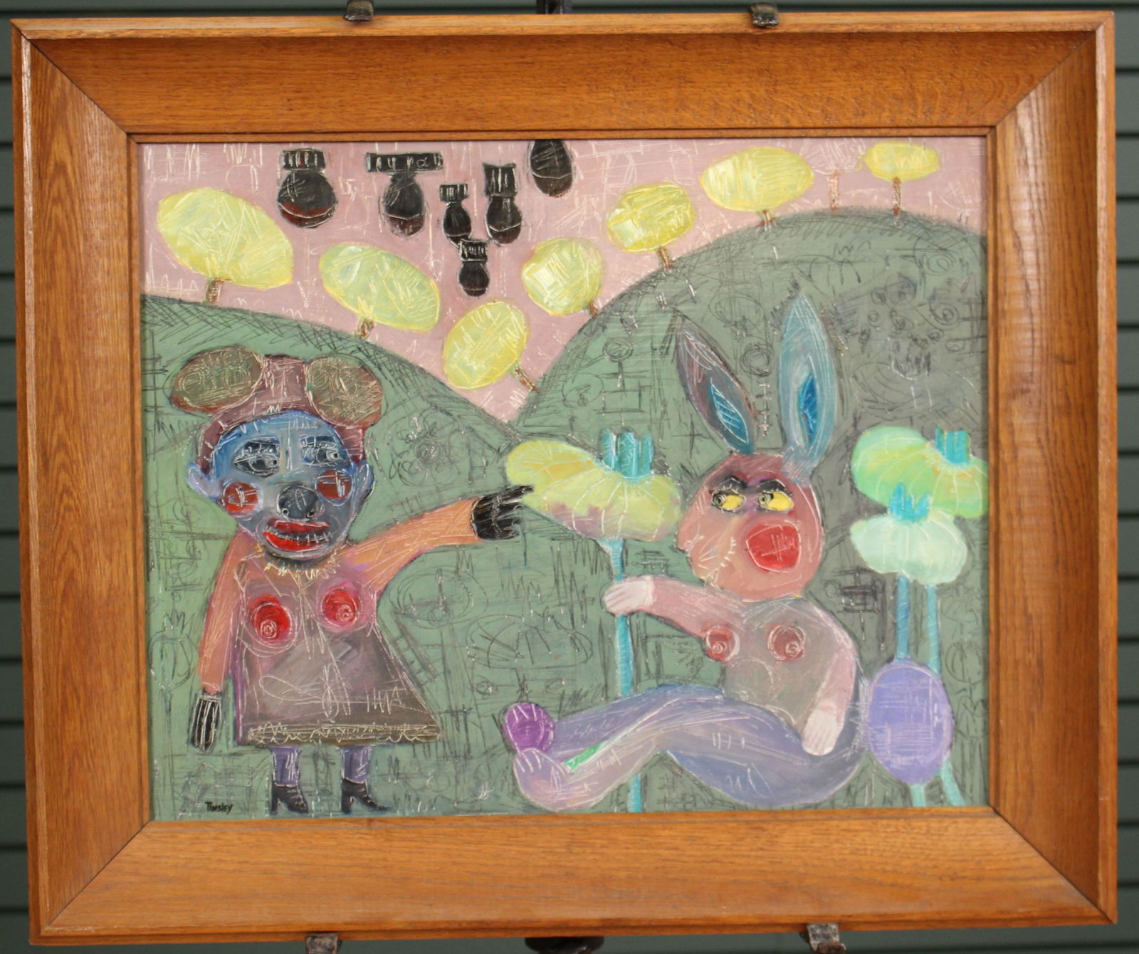 David Tinsley Clarks Summit Pennsylvania Painting: David Tinsley Clarks Summit Pennsylvania Painting, (American, B. 1951), girl and bunny in field, signed lower left Tinsley, signed, titled and dated on verso "Clarks Summit, Pennsylvania, Tinsley, 200