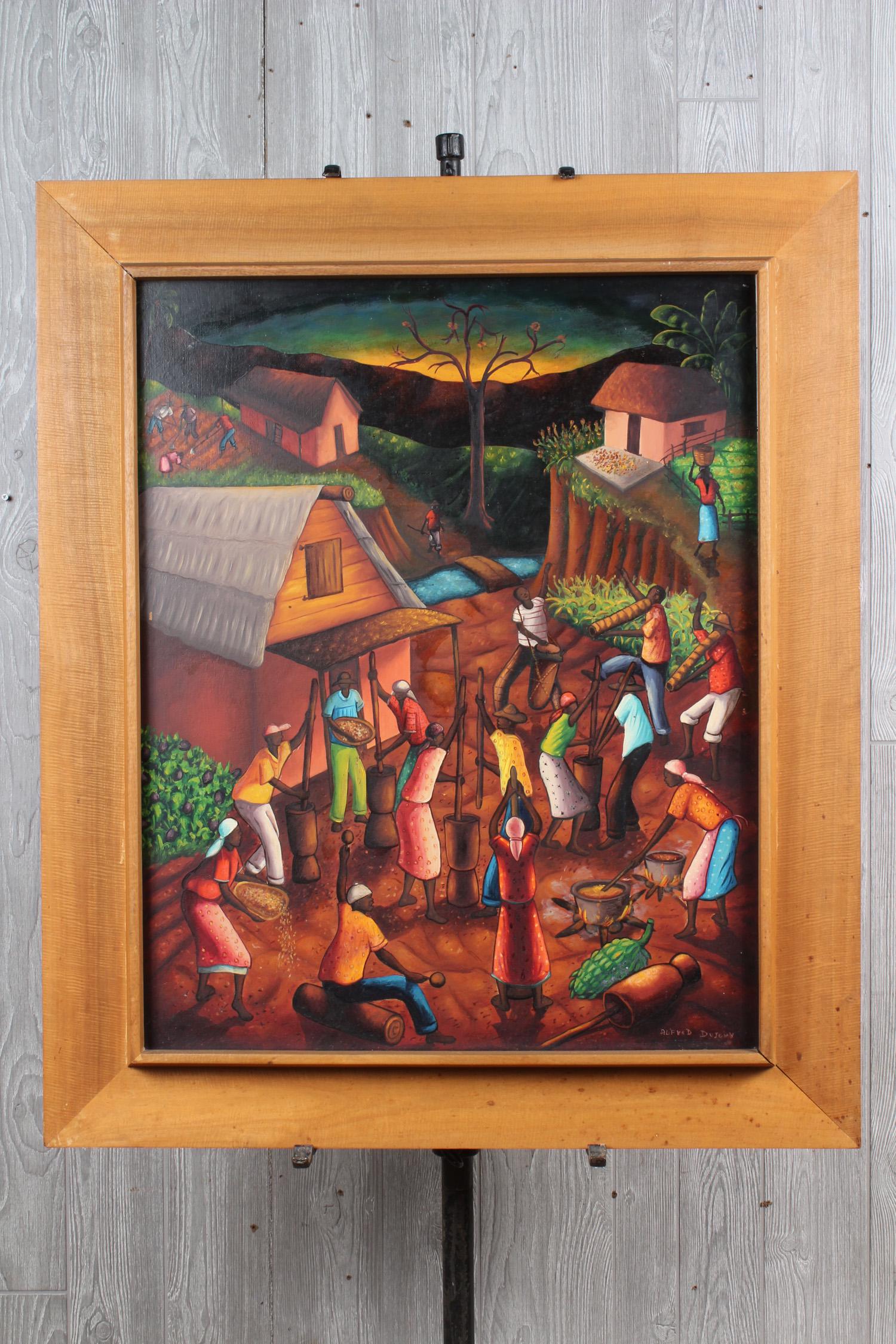 Haitian Village Scene Inscribed Alfred Dujoux: Haitian Village Scene Inscribed Alfred Dujoux. Size: Framed: 37.5" H x 32" W x 2" D; Sight: 29.5" H x 24" W