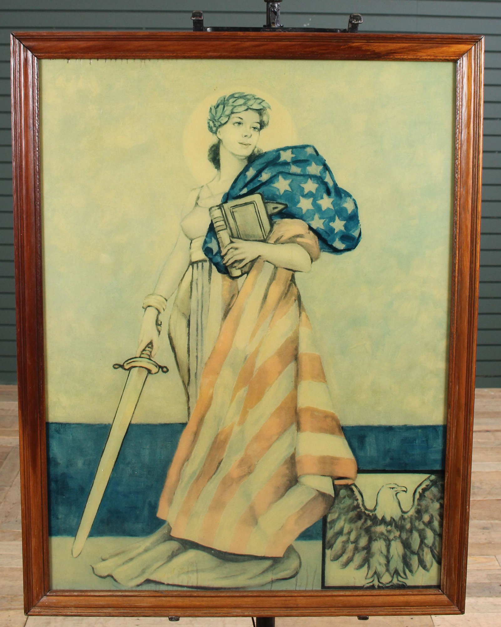 Lady Liberty Light Box Bonds Sales Stimulator: Lady Liberty Light Box Bonds Sales Stimulator. Reverse painted glass depicting a flag draped Lady Liberty and inset with and American Eagle. Electrified. When lit, the word Liberty is revealed. Size: 