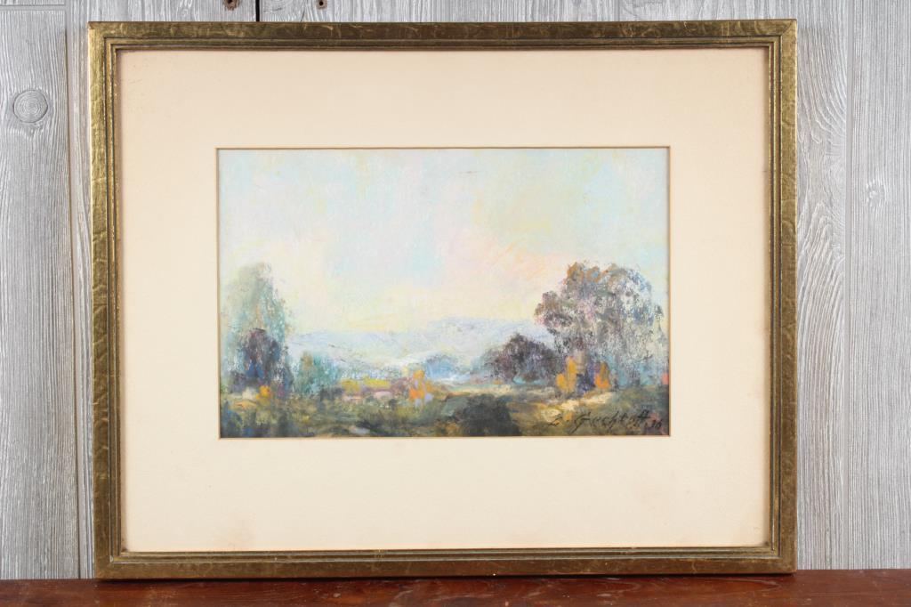 Leonid Getchoff 1936 Pastel Landscape: Leonid Getchoff 1936 Pastel Landscape. Size: Framed: 15" H x 19" W x 0.5" D; Sight: 8" H x 12" W