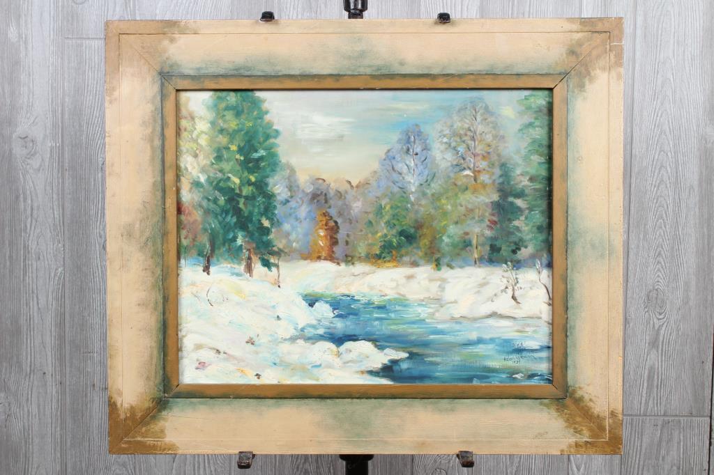 1939 Helen G. Heinly Snowscape: 1939 Helen G. Heinly Snowscape. Size: Framed: 22.5" H x 26.5" W x 0.5" D; Sight: 15" H x 19" W