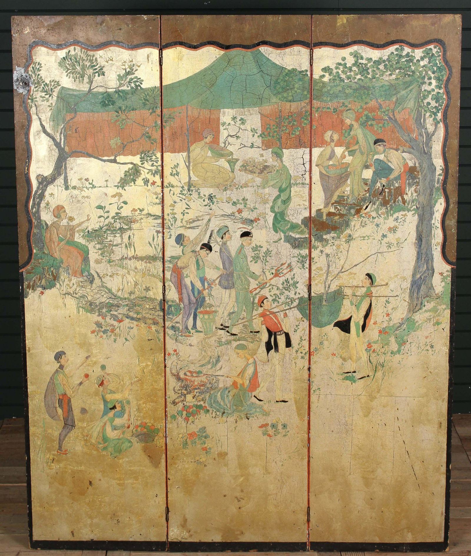 French Chinoiserie Paint Decorated 3 Panel Screen: French Chinoiserie Paint Decorated 3 Panel Screen, early 20th C. possibly French 3 panel folding screen, having a gilt background with polychrome figures in landscape settings. Very reminiscent of the