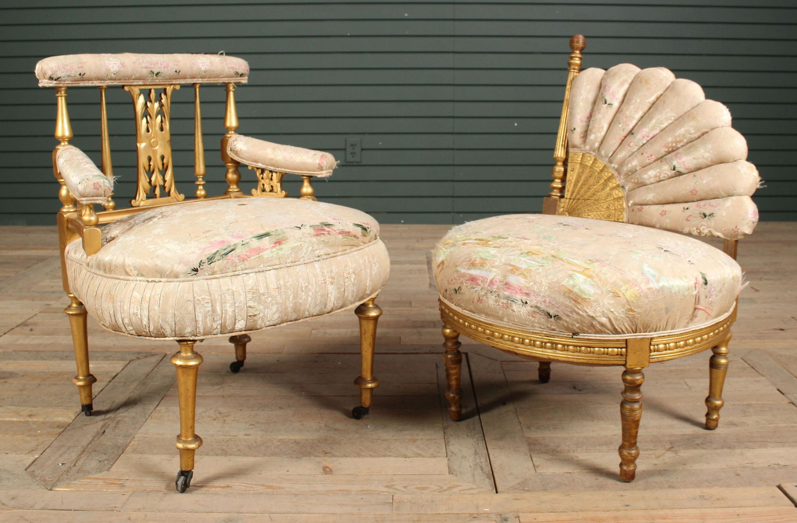 2 Late 19th C. American Victorian Accent Chairs: 2 Late 19th C. American Victorian Accent Chairs, gilt wood carved chairs, one with fan back and the other with foliate and spindle back, both raised on turned legs. Size: Fan back: 31" H x 23" W x 18"