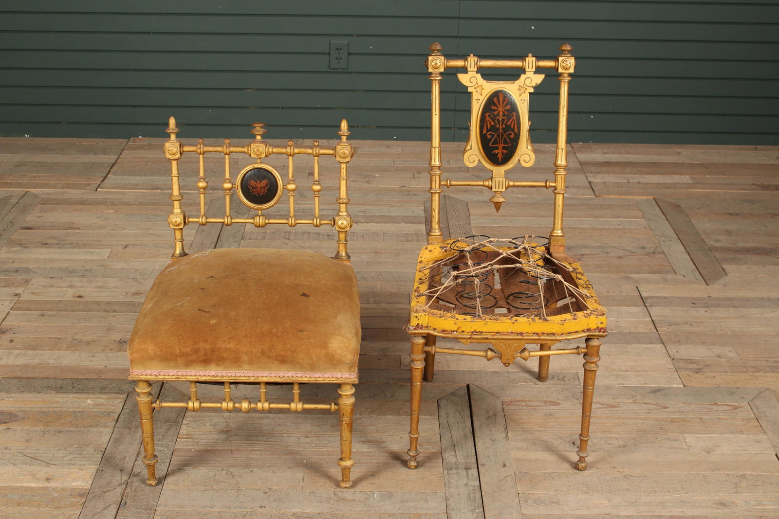 2 Late 19th C. American Victorian Accent Chairs: 2 Late 19th C. American Victorian Accent Chairs, gilt wood carved and marquetry inlaid accent chairs, one chair with butterfly inlaid central medallion. Size: 34" H x 15" W x 16" D.