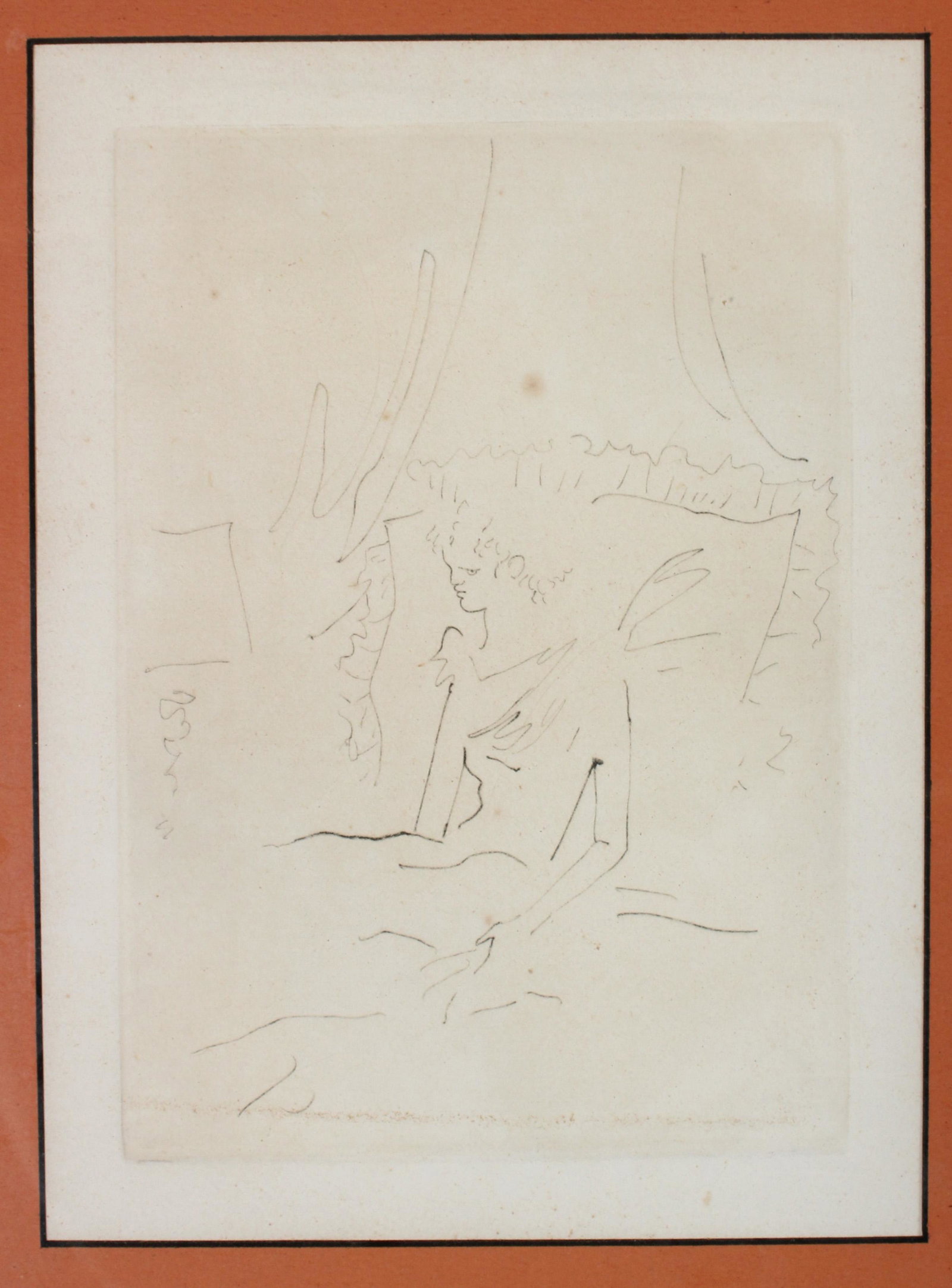 Boudoir Drawing in the Manner of Jean Cocteau: Drawing in the Manner of Jean Cocteau, depicting figure laying in bed, unsigned. Frame: 17.5" H x 13.5" W Sight: 9.75" H x 7.25" W