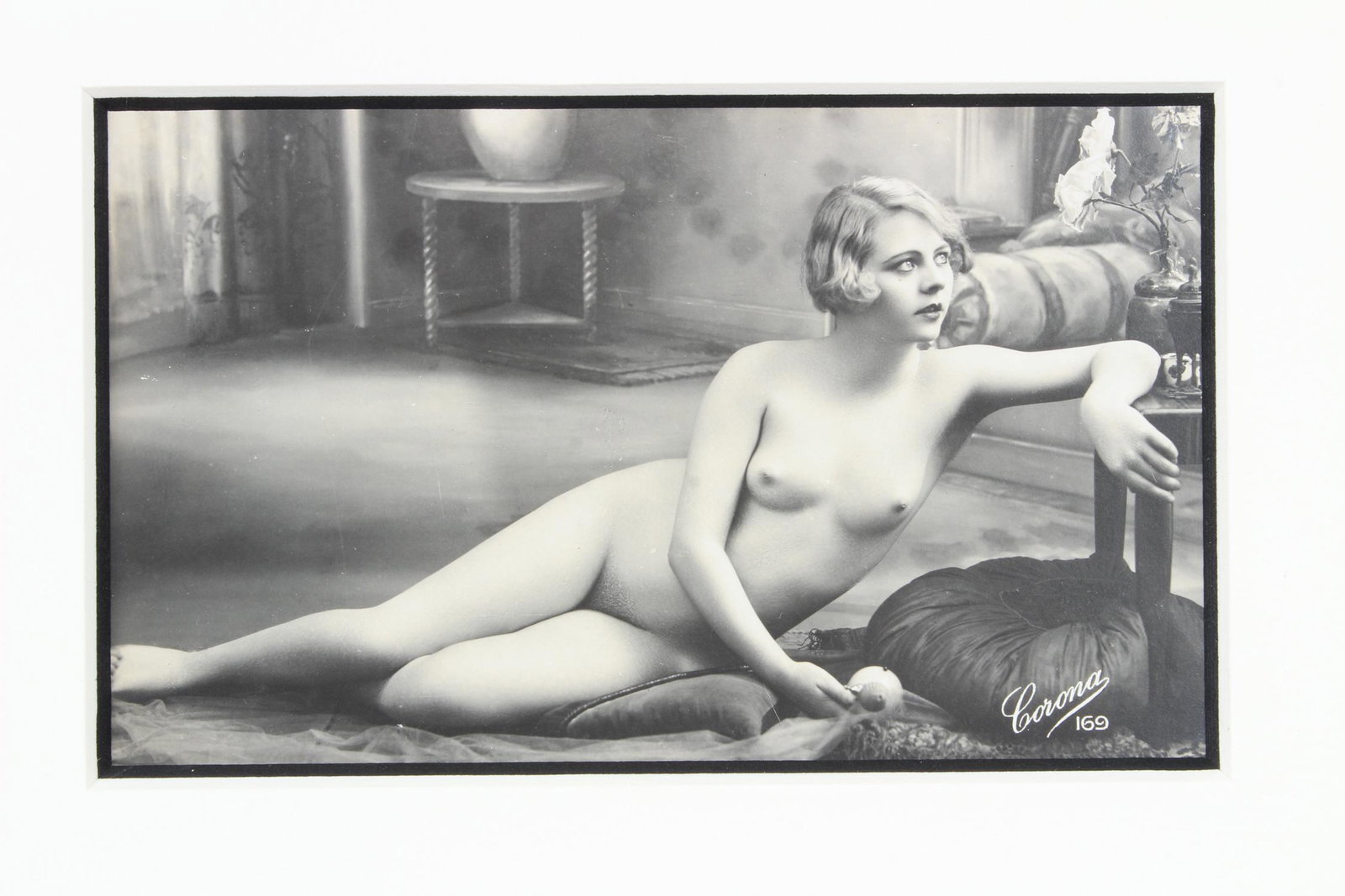 French Photo Postcard - Female Nude Marke: French Photo Postcard - Female Nude Marked Corona. Size: Framed: 12" H x 14" W x 1" D; Sight: 3" H x 5" W