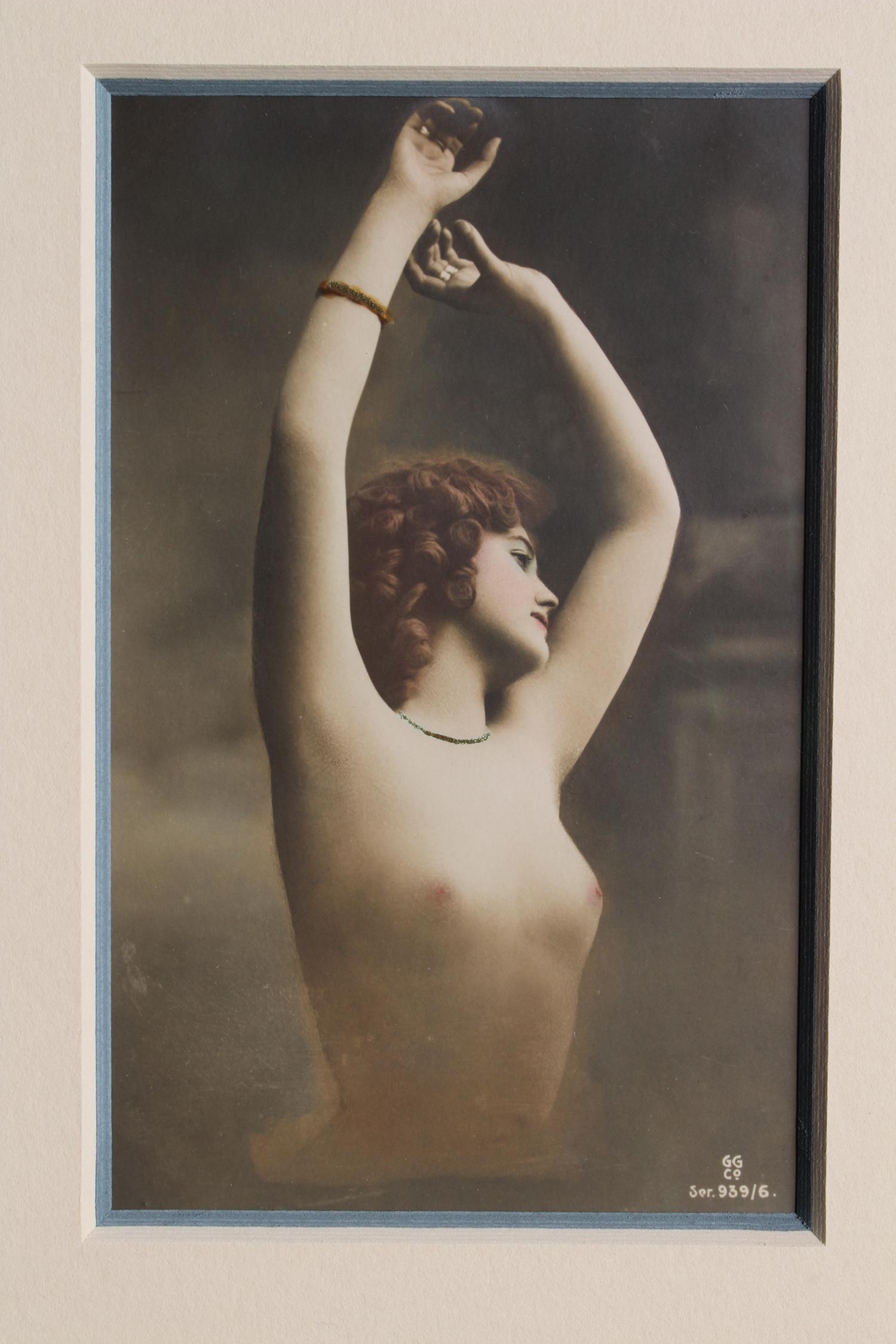 Risque Hand Colored RPPC Marked GG Co: Risque Hand Colored RPPC Marked GG Co. Size: Framed: 14.5" H x 12.5" W x 0.5" D; Sight: 5" H x 3" W