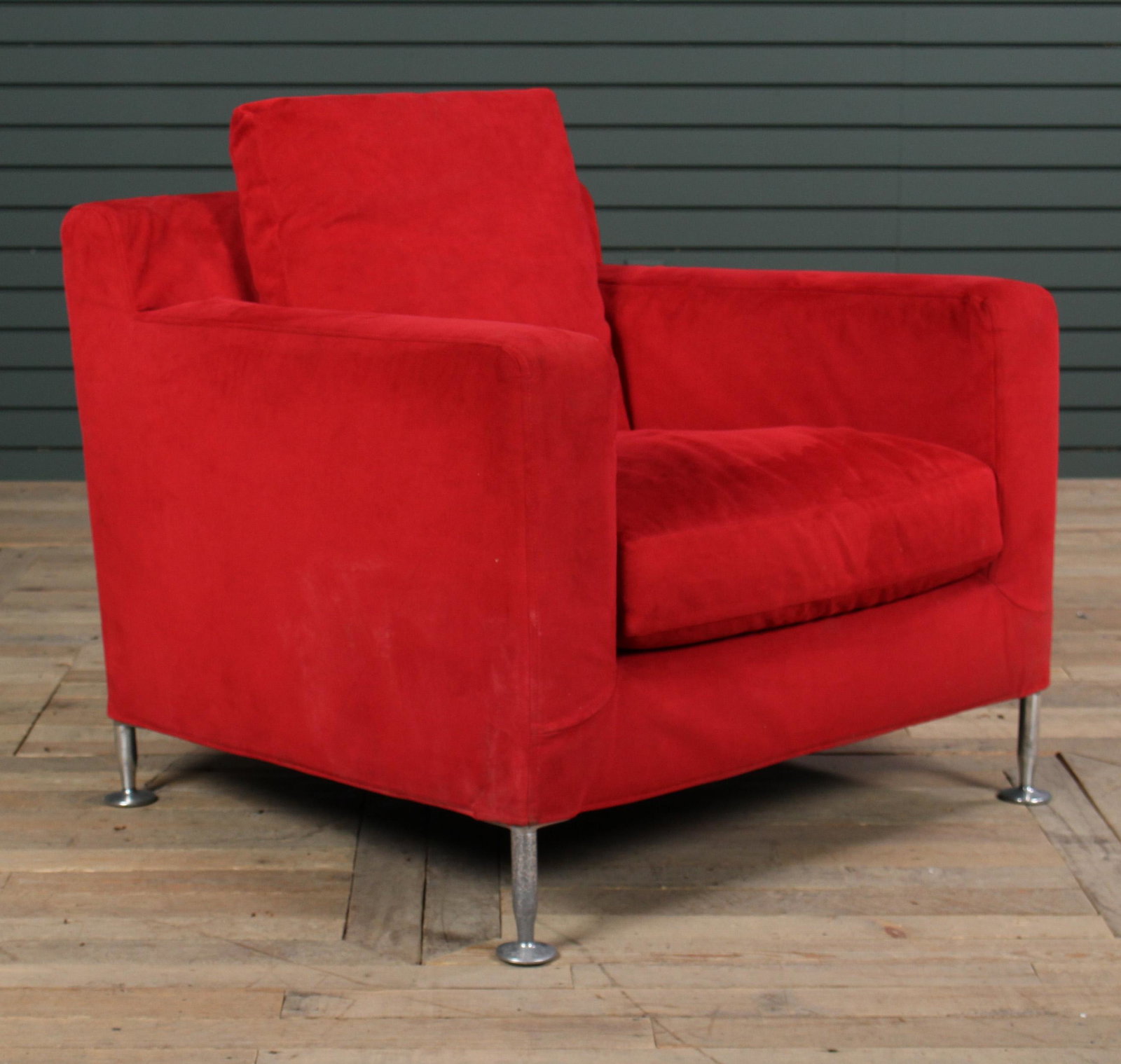Labeled B & B Italia Ultra Suede Club Chair: Labeled B & B Italia Ultra Suede Club Chair. Size: 27" H x 33" W x 31" D.