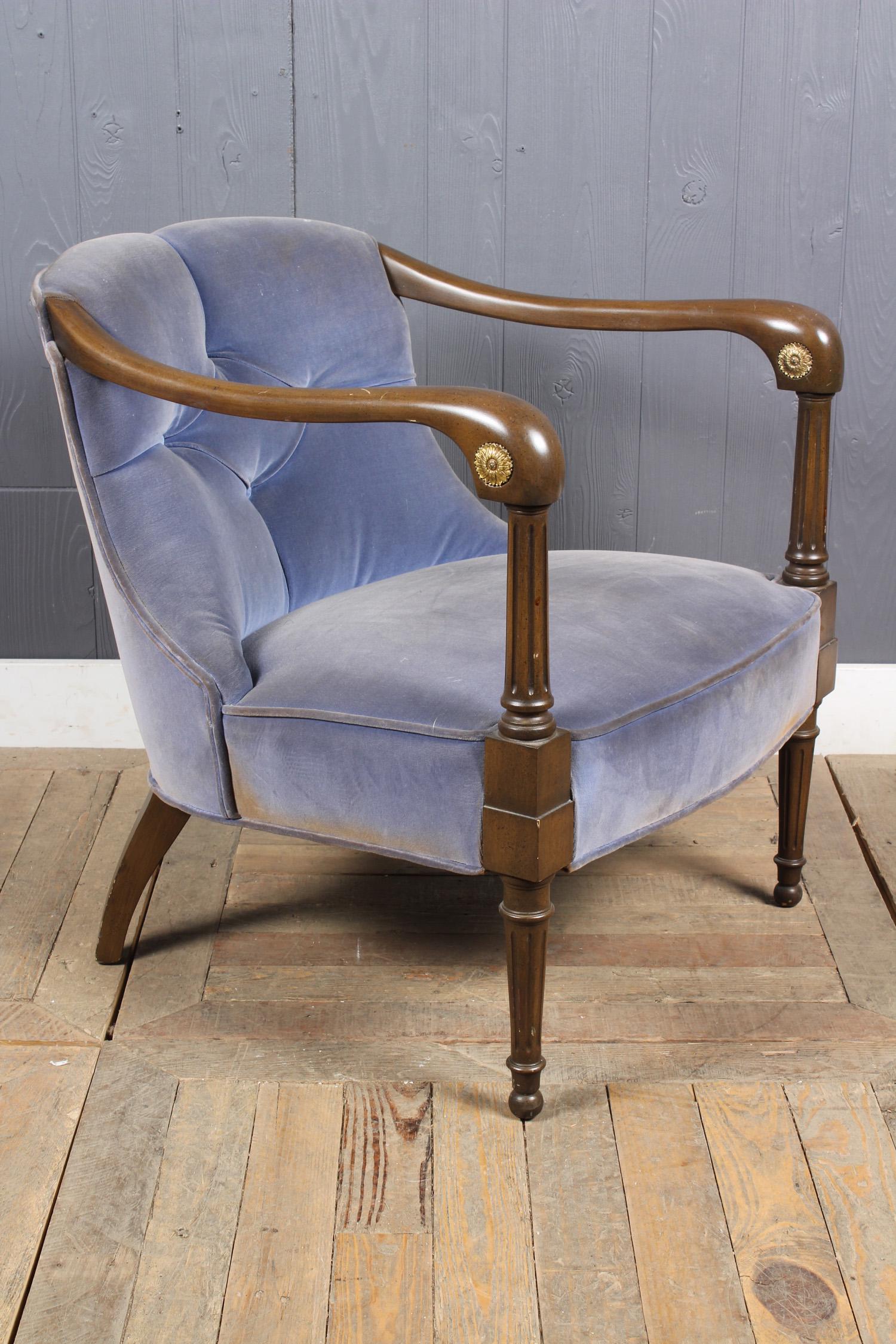 Urban Furniture Co Armchair: Urban Furniture Co Armchair. Turned front legs. Label on bottom Urban Furniture Co. Retailed by Daniel Jones. Size: 26" H x 23" W x 26" D