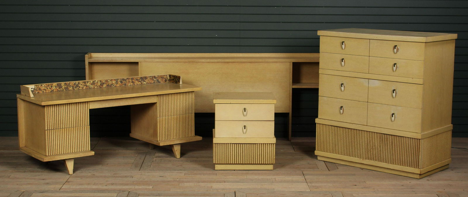 American Mid. C. Modern Pickled Oak Bedroom Set: American Mid. C. Modern Pickled Oak Bedroom Set, labeled American by Martinville, 4 pieces to include a headboard, vanity, chest of drawers, and a side cabinet. Size: Chest: 43.5" H x 39" W x 20.5" D.