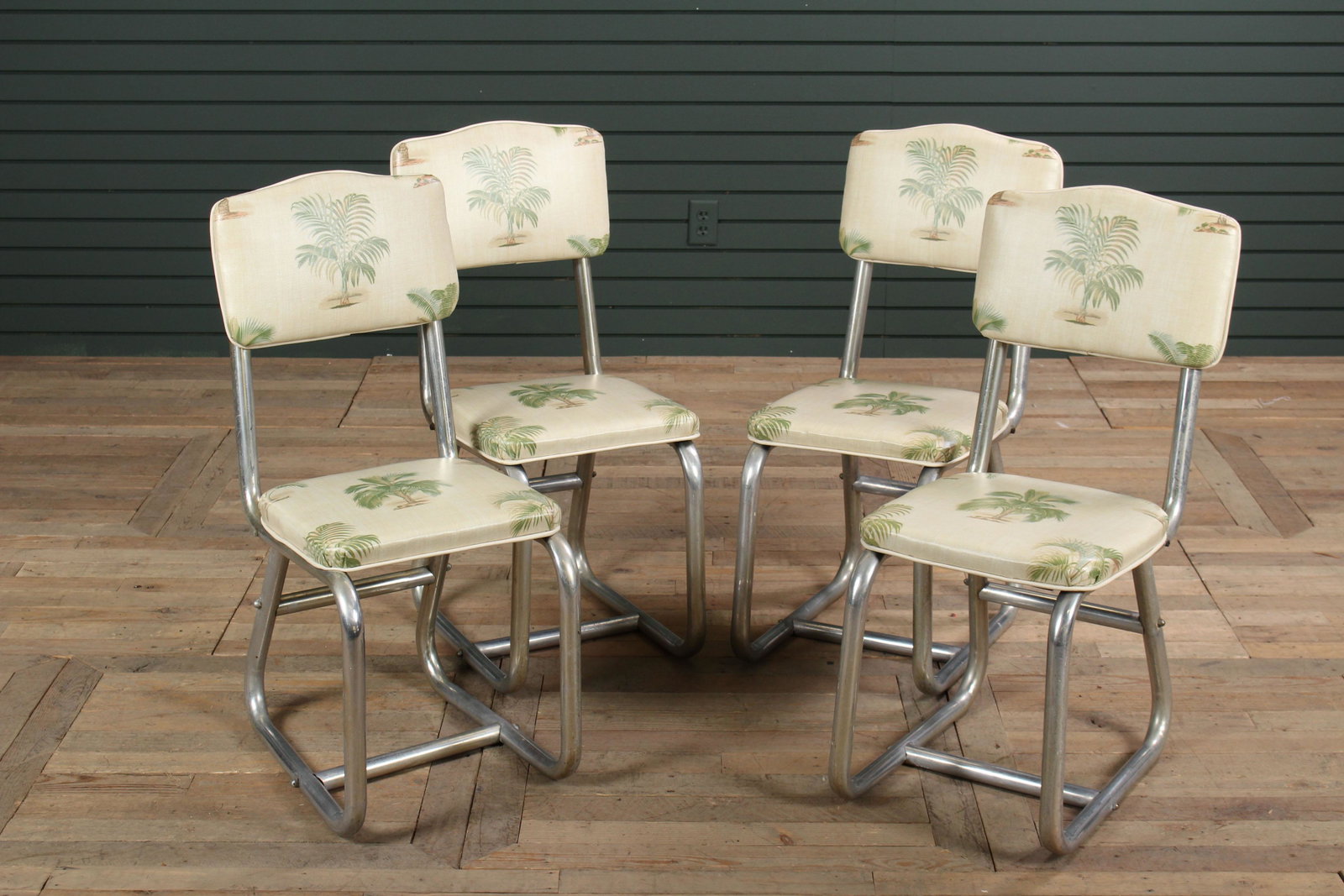 Set of 4 Early 20th C. Tubular Aluminum Chairs: Set of 4 Early 20th C. Tubular Aluminum Chairs, upholstered in tropical decorated fabric. Size: 34" H x 15" W x 20" D.