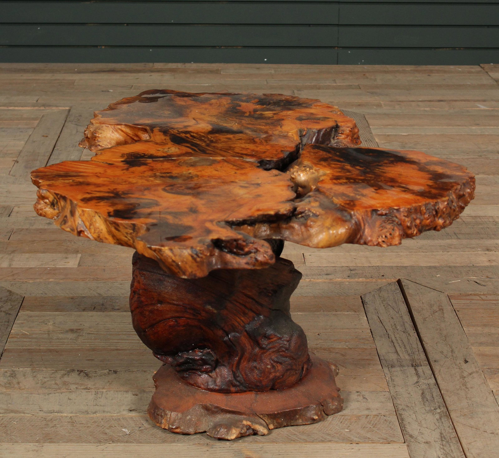 Mid C. Modern Burled Top Side Table: Mid C. Modern Burled Top Side Table or coffee table. Size: 15" x 31" x 24"