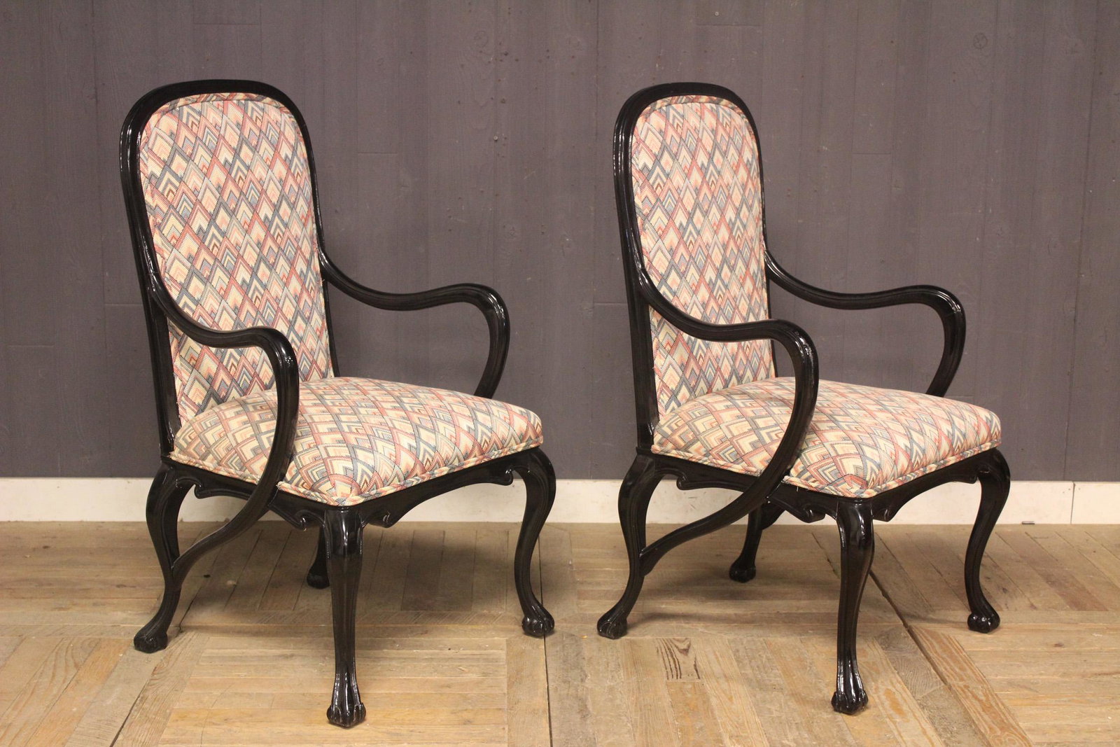 Pair Ebonized Art Nouveau Style Fauteuils: Pair Ebonized Art Nouveau Style Fauteuils. Upholstered armchairs in the manner of Gaillard.. Size: 44.5" H x 25.5" W x 25.5" D